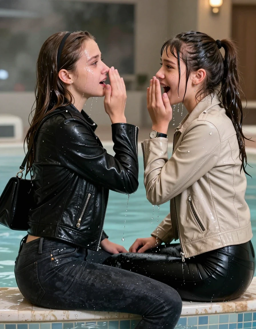 photo of young woman, in soaking wet, drenched clothes,
, Dark skinny jeans, Black leatherjacket with fur, Open jacket, tight v-neck sweater, shoulderbag, pearl necklace, bracelet, wristwatch, Steaming indoor jacuzzi , 
enjoying, wet clothes stuck to body,
detailed textures of the wet clothes, wet face, wet plastered hair,
wet, drenched, professional, high-quality details, full body view.
sharp focus, ultra-high pixel detail, realistic, high-quality, full colors, incredibly detailed, 4k, 8k, 16k, hyper-realistic, RAW photo, masterpiece, ultra-detailed, professionally color graded, professional photograph, A realistic vertical fashion photograph taken from a backward, behind-the-back angle of two 15-year-old teenage girls sitting in a steaming indoor jacuzzi, facing away from the camera to show her back. One her hand in front of her nose. One hold her hand on her mouth. She is tilting her head up, letting the water drench her hair so it is glued flat against her head and body. She has Sleek  straight long hair with hairband and one has a sleek ponytail with bangs, completely saturated and dripping wet hair, with water cascading down her face and neck, crying and astonished expression. The lighting is bright and cinematic, highlighting the glistening water droplets on her skin and the saturated texture of her  casual clothes.  Open mouth, half closed eyes. One wears a black leatherjacket and dark skinny jeans. One wears a beige leatherjacket and Black leatherleggings.
her clothing is soaking wet and clinging tightly to her skin, showing heavy wet folds, darkened fabric texture, and deep water-saturated Patches, her clothes are heavy from the water, water runs from her body and her clothes in streams. A lot of water also runs out of her clothes. Her clothes are darkened by the water. 
hyper-realistic wetness, high-contrast water sheen, sharp focus, 16k resolution, professional photography, realistic water physics., wet skin, wet clothes, damp fabric, wet skin, wet clothes, damp fabric, wet skin, wet clothes, damp fabric, wet skin, wet clothes, damp fabric, wet skin, wet clothes, damp fabric, wet skin, wet clothes, damp fabric, wet skin, wet clothes, damp fabric, wet skin, wet clothes, damp fabric, wet skin, wet clothes, damp fabric, wet skin, wet clothes, damp fabric, wet skin, wet clothes, damp fabric, wet skin, wet clothes, damp fabric, wet skin, wet clothes, damp fabric, wet skin, wet clothes, damp fabric, wet skin, wet clothes, damp fabric