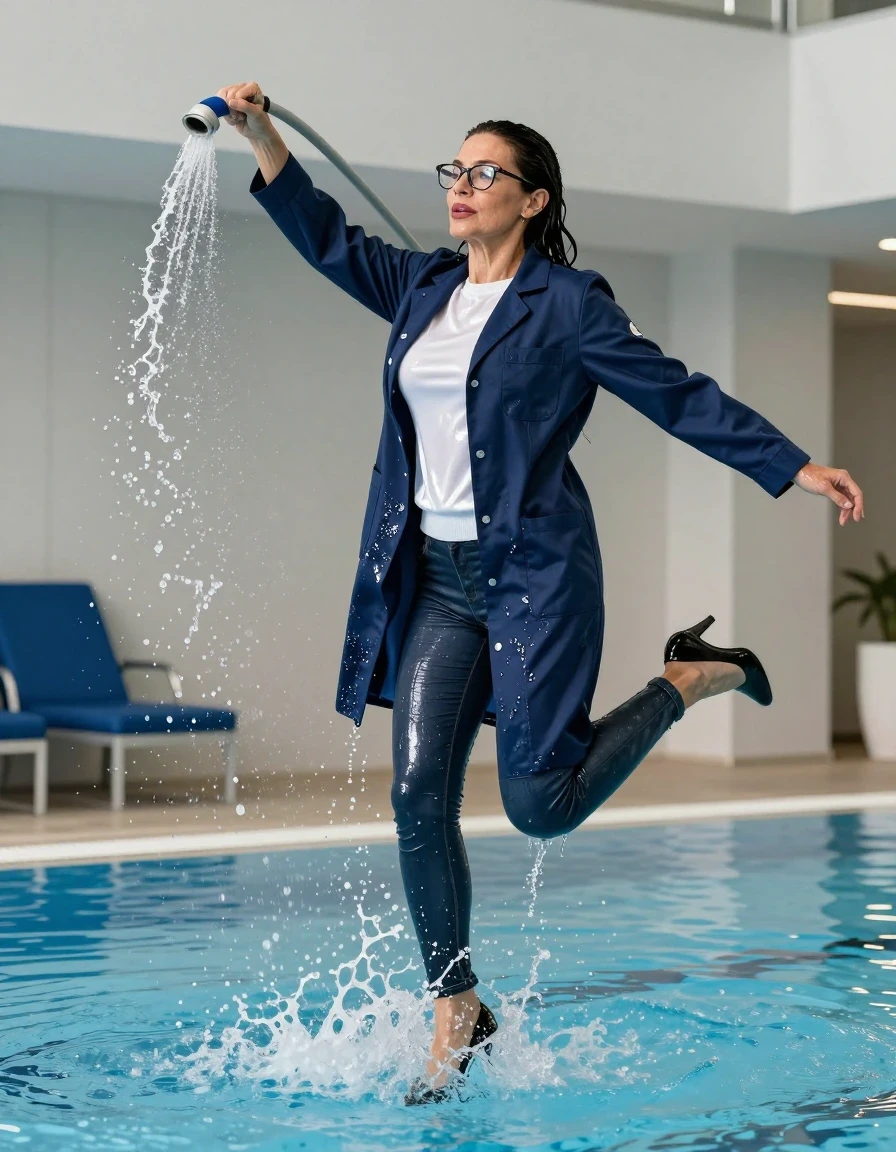 photo of young woman, in soaking wet, drenched clothes,
high heels black shoes, long shiny dark blue jeans , shiny white sweater, maxi dark blue labcoat, jumping in pool pouring water with the hose after bath in indoor swimming pool, enjoying wet clothes stuck body, enjoying, wet clothes stuck to body, 
enjoying, wet clothes stuck to body,
detailed textures of the wet clothes, wet face, wet plastered hair,
wet, drenched, professional, high-quality details, full body view.
sharp focus, ultra-high pixel detail, realistic, high-quality, full colors, incredibly detailed, 4k, 8k, 16k, hyper-realistic, RAW photo, masterpiece, ultra-detailed, professionally color graded, professional photograph, europen brunette skinny woman 50 years old, long dark black hair, office glasses, very big and thick lips, complete body, wet skin, wet clothes, damp fabric, wet skin, wet clothes, damp fabric, wet skin, wet clothes, damp fabric, wet skin, wet clothes, damp fabric, wet skin, wet clothes, damp fabric, wet skin, wet clothes, damp fabric, wet skin, wet clothes, damp fabric