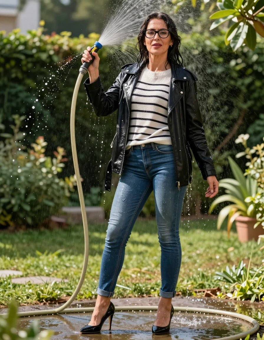 photo of young woman, in soaking wet, drenched clothes,
high heels black shoes, long shiny blue jeans T, shiny white & black striped sweater, maxi leather black jacket, pouring water with the hose in sunny garden, enjoying wet clothes stuck body, enjoying, wet clothes stuck to body, 
enjoying, wet clothes stuck to body,
detailed textures of the wet clothes, wet face, wet plastered hair,
wet, drenched, professional, high-quality details, full body view.
sharp focus, ultra-high pixel detail, realistic, high-quality, full colors, incredibly detailed, 4k, 8k, 16k, hyper-realistic, RAW photo, masterpiece, ultra-detailed, professionally color graded, professional photograph, europen brunette skinny woman 50 years old, long dark black hair, office glasses, very big and thick lips, complete body, wet skin, wet clothes, damp fabric, wet skin, wet clothes, damp fabric, wet skin, wet clothes, damp fabric, wet skin, wet clothes, damp fabric, wet skin, wet clothes, damp fabric, wet skin, wet clothes, damp fabric, wet skin, wet clothes, damp fabric