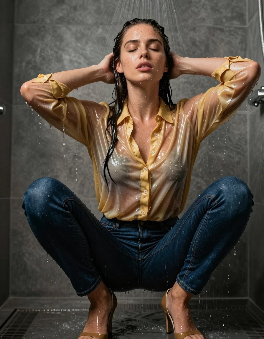 photo of young woman, in soaking wet, drenched clothes,
pumps, dark blue jeans, shiny golden blouse, shower, 
enjoying, wet clothes stuck to body,
detailed textures of the wet clothes, wet face, wet plastered hair,
wet, drenched, professional, high-quality details, full body view.
sharp focus, ultra-high pixel detail, realistic, high-quality, full colors, incredibly detailed, 4k, 8k, 16k, hyper-realistic, RAW photo, masterpiece, ultra-detailed, professionally color graded, professional photograph, collar, long sleeves, buttoned, wet hair, long hair, drenched, dripping wet, submerged, full body, see-through, wet skin, wet clothes, damp fabric