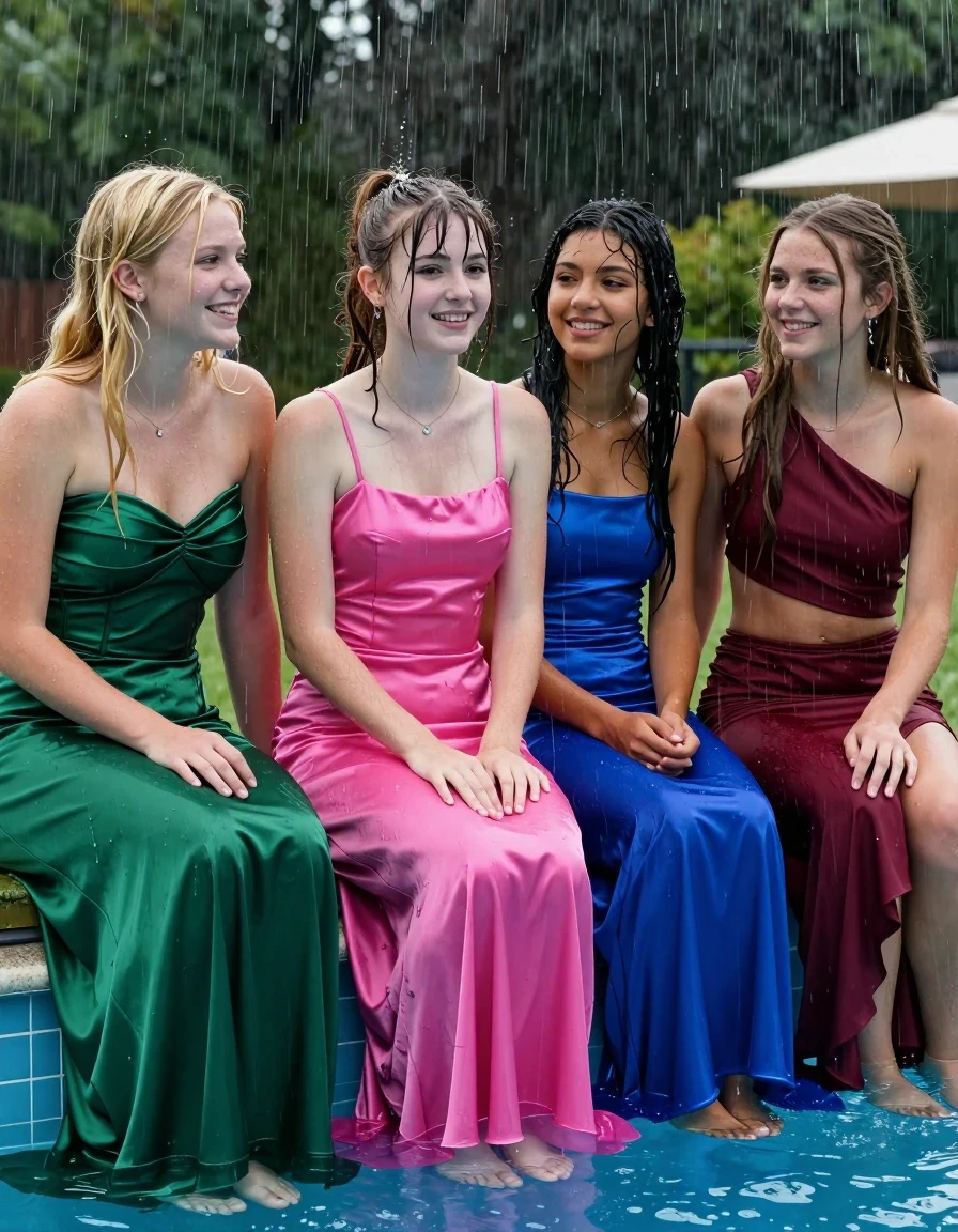 photo of young woman, in soaking wet, drenched clothes,
, , prom satin dress, girls sitting on the edge of a pool in the pouring rain, 
enjoying, wet clothes stuck to body,
detailed textures of the wet clothes, wet face, wet plastered hair,
wet, drenched, professional, high-quality details, full body view.
sharp focus, ultra-high pixel detail, realistic, high-quality, full colors, incredibly detailed, 4k, 8k, 16k, hyper-realistic, RAW photo, masterpiece, ultra-detailed, professionally color graded, professional photograph, college girls both having fun together. All a similar age, a small nineteen year old girl, with a flat and slim body, skinny body, flat and skinny chest, a She has a wide square young face but a small very skinny waist and skinny legs, a very small chest and very small breasts, she is a pale brunette with ponytail and bangs. She has a small body, She is full of youthful energy. wearing a bright pink formal satin cocktail dress with a closed neckline, a flat top and a loose base, Her friend has blonde hair and large size DD breasts,a wide square face, she is wearing a green satin strapless prom dress. The third girl is 19, with a tan complexion and dark black hair, she is wearing a blue satin gown, The 4th girl is brunette with a small body and thin legs, she is wearing a maroon red one shoulder aesymmetrical top  that cuts off at the midriff and a maroon skirt. all of them except the blonde girl have very small breasts. wet skin, wet clothes, damp fabric,, wet skin, wet clothes, damp fabric, wet skin, wet clothes, damp fabric, wet skin, wet clothes, damp fabric, wet skin, wet clothes, damp fabric, wet skin, wet clothes, damp fabric, wet skin, wet clothes, damp fabric, wet skin, wet clothes, damp fabric