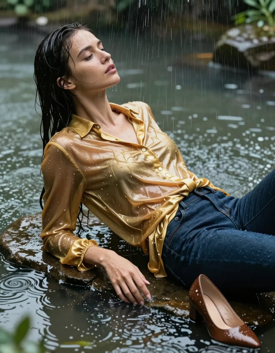 photo of young woman, in soaking wet, drenched clothes,
pumps, dark blue jeans, shiny, shiny golden blouse, pond, shower, rain, 
enjoying, wet clothes stuck to body,
detailed textures of the wet clothes, wet face, wet plastered hair,
wet, drenched, professional, high-quality details, full body view.
sharp focus, ultra-high pixel detail, realistic, high-quality, full colors, incredibly detailed, 4k, 8k, 16k, hyper-realistic, RAW photo, masterpiece, ultra-detailed, professionally color graded, professional photograph, collar, long sleeves, buttoned, wet hair, long hair, drenched, dripping wet, submerged, full body, see-through, lying, side view, wet skin, wet clothes, damp fabric