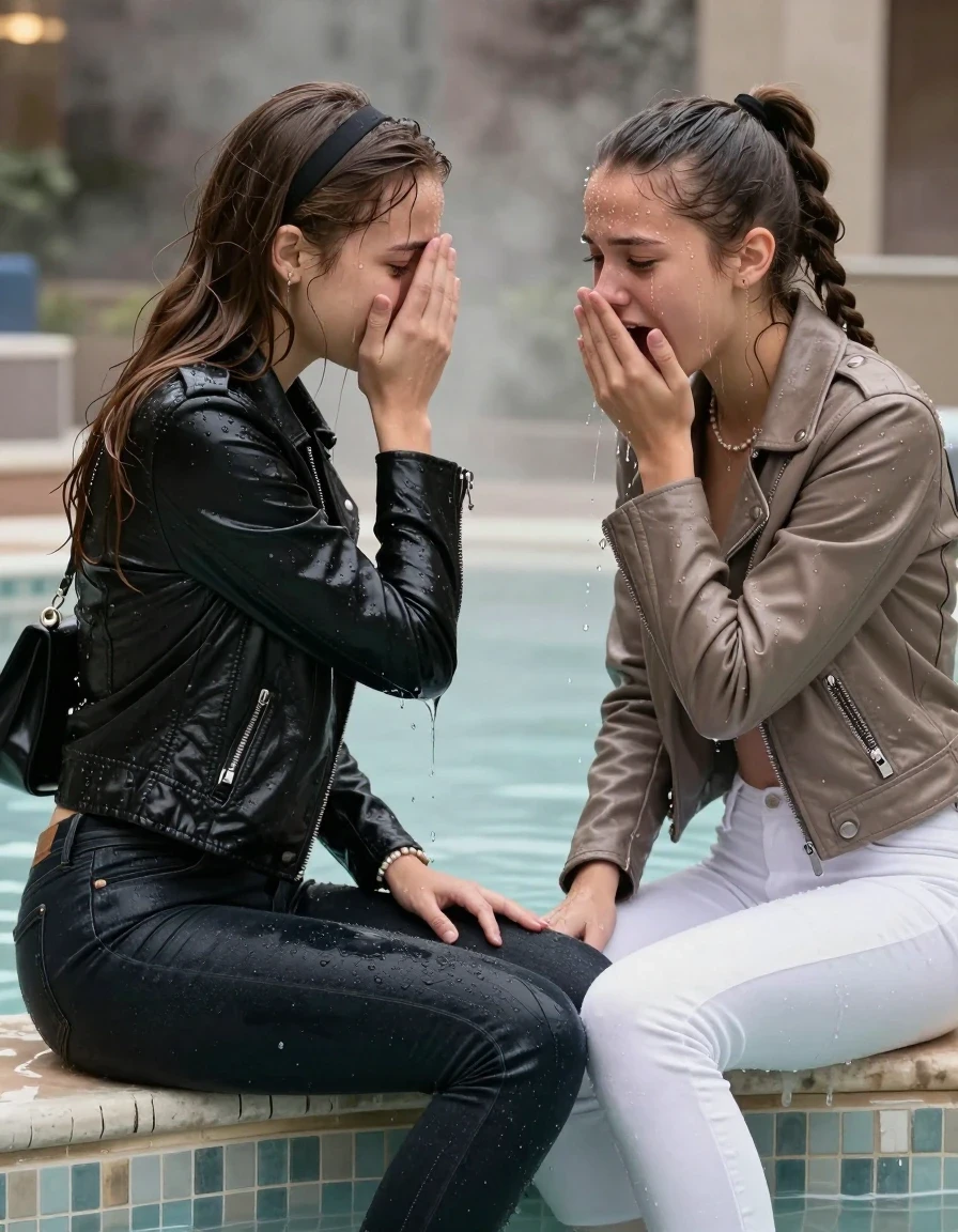 photo of young woman, in soaking wet, drenched clothes,
, Dark skinny jeans, Black leatherjacket with fur, Open jacket, tight v-neck sweater, shoulderbag, pearl necklace, bracelet, wristwatch, Steaming indoor jacuzzi , 
enjoying, wet clothes stuck to body,
detailed textures of the wet clothes, wet face, wet plastered hair,
wet, drenched, professional, high-quality details, full body view.
sharp focus, ultra-high pixel detail, realistic, high-quality, full colors, incredibly detailed, 4k, 8k, 16k, hyper-realistic, RAW photo, masterpiece, ultra-detailed, professionally color graded, professional photograph, A realistic vertical fashion photograph taken from a backward, behind-the-back angle of two 15-year-old teenage girls sitting in a steaming indoor jacuzzi, facing away from the camera to show her back. One cover her face with her hand. One hold her hand over her mouth. She is tilting her head down, letting the water drench her hair so it is glued flat against her head and body. She has Sleek  straight long hair with hairband and one has a sleek ponytail with braids, completely saturated and dripping wet hair, with water cascading down her face and neck, crying and astonished expression. The lighting is bright and cinematic, highlighting the glistening water droplets on her skin and the saturated texture of her  casual clothes.  Open mouth, half closed eyes. One wears a black leatherjacket and dark skinny jeans. One wears a light brown leatherjacket and white skinny jeans.
her clothing is soaking wet and clinging tightly to her skin, showing heavy wet folds, darkened fabric texture, and deep water-saturated Patches, her clothes are heavy from the water, water runs from her body and her clothes in streams. A lot of water also runs out of her clothes. Her clothes are darkened by the water. 
hyper-realistic wetness, high-contrast water sheen, sharp focus, 16k resolution, professional photography, realistic water physics., wet skin, wet clothes, damp fabric, wet skin, wet clothes, damp fabric, wet skin, wet clothes, damp fabric, wet skin, wet clothes, damp fabric, wet skin, wet clothes, damp fabric, wet skin, wet clothes, damp fabric, wet skin, wet clothes, damp fabric, wet skin, wet clothes, damp fabric, wet skin, wet clothes, damp fabric, wet skin, wet clothes, damp fabric, wet skin, wet clothes, damp fabric, wet skin, wet clothes, damp fabric