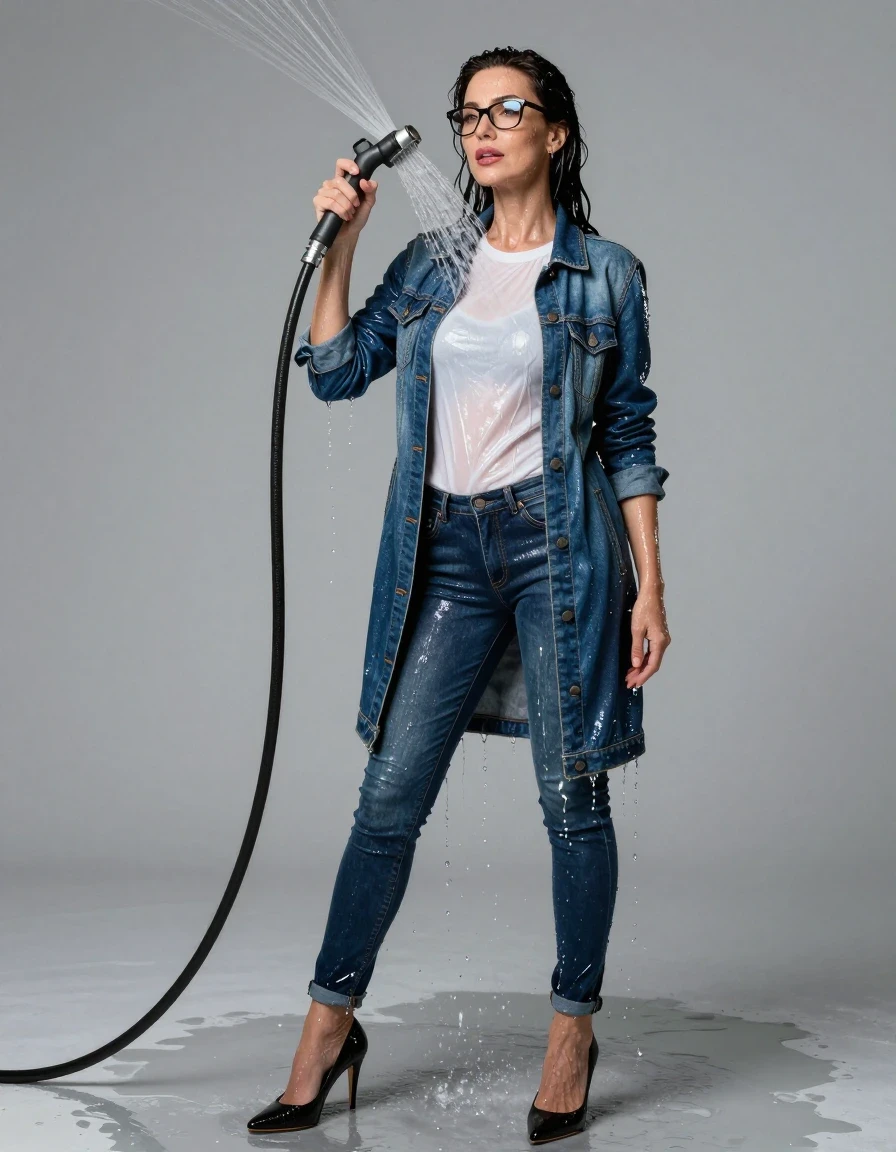 photo of young woman, in soaking wet, drenched clothes,
high heels black shoes, long shiny dark blue jeans, long shiny blue denim jacket, shiny white sweater, in jakuzzy full of water pouring water with the hose, enjoying wet clothes stuck body, enjoying, wet clothes stuck to body, 
enjoying, wet clothes stuck to body,
detailed textures of the wet clothes, wet face, wet plastered hair,
wet, drenched, professional, high-quality details, full body view.
sharp focus, ultra-high pixel detail, realistic, high-quality, full colors, incredibly detailed, 4k, 8k, 16k, hyper-realistic, RAW photo, masterpiece, ultra-detailed, professionally color graded, professional photograph, europen brunette skinny woman 50 years old, long dark black hair, office glasses, very big and thick lips, complete body, wet skin, wet clothes, damp fabric, wet skin, wet clothes, damp fabric, wet skin, wet clothes, damp fabric, wet skin, wet clothes, damp fabric, wet skin, wet clothes, damp fabric, wet skin, wet clothes, damp fabric, wet skin, wet clothes, damp fabric