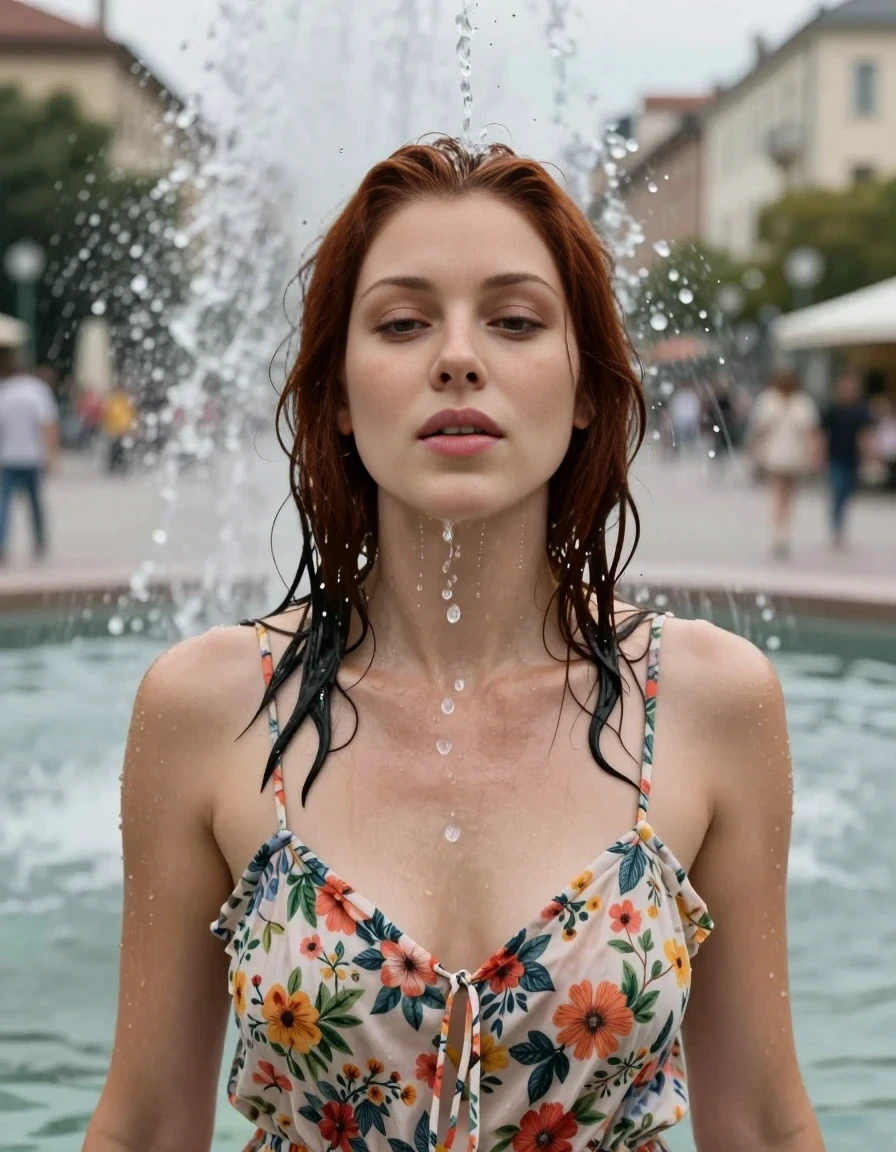 A realistic vertical fashion photograph of a 25-year-old woman with shoulder-length dark auburn hair standing directly under a heavy waterfall in a public fountain. She is facing the camera, eyes closed, with water streaming down her face and hair. Several stray strands of her wet hair are clinging to her skin. Her floral cotton dress is thoroughly soaked and clinging to her body. The background is a soft-focus city plaza. High-quality fashion photography style, sharp focus on her face, capturing the intensity of the moment.
