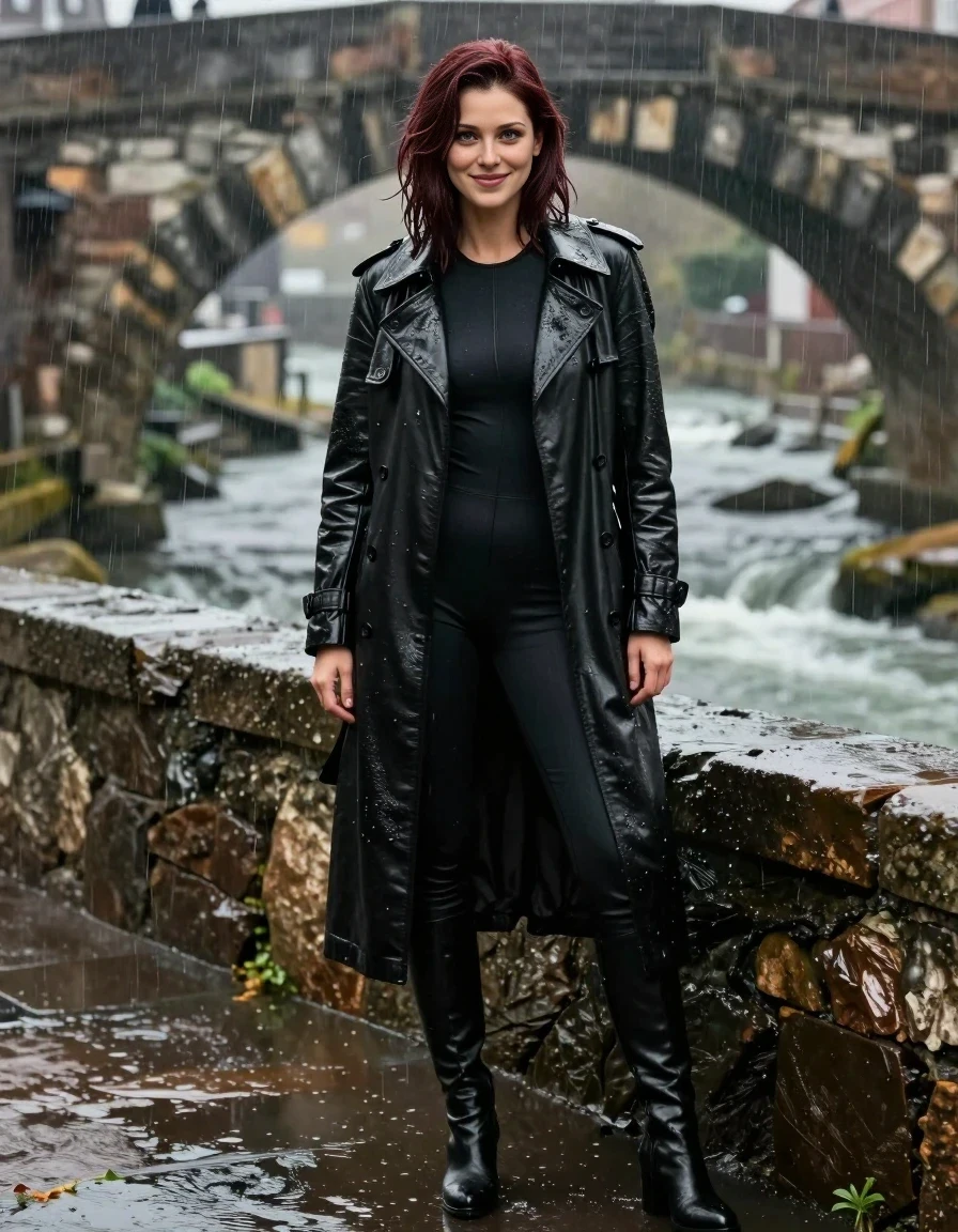 A realistic vertical fashion photograph of a 25-year-old woman with shoulder-length dark auburn hair standing on an old stone bridge during a heavy rainstorm. She is wearing a drenched black leather trench coat over a matching black catsuit and black boots. The water is cascading over her, making the leather and spandex fabric cling tightly to her body. She is looking at the camera with a confident smile. The background is a dramatic, moody creek with swirling water and stone arches, soft natural light, high-quality fashion photography style.