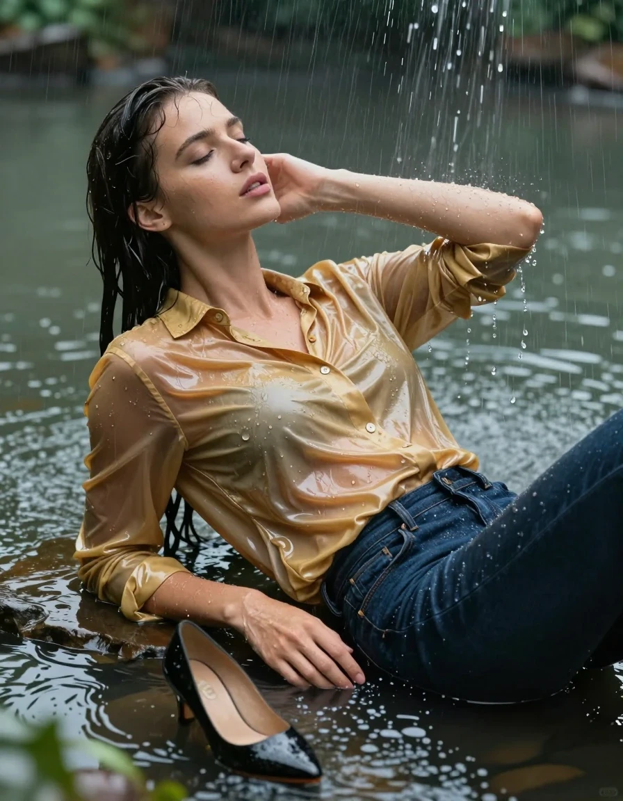 photo of young woman, in soaking wet, drenched clothes,
pumps, dark blue jeans, shiny, shiny golden blouse, pond, shower, rain, 
enjoying, wet clothes stuck to body,
detailed textures of the wet clothes, wet face, wet plastered hair,
wet, drenched, professional, high-quality details, full body view.
sharp focus, ultra-high pixel detail, realistic, high-quality, full colors, incredibly detailed, 4k, 8k, 16k, hyper-realistic, RAW photo, masterpiece, ultra-detailed, professionally color graded, professional photograph, collar, long sleeves, buttoned, wet hair, long hair, drenched, dripping wet, submerged, full body, see-through, lying, side view, wet skin, wet clothes, damp fabric
