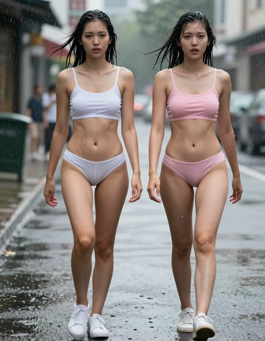 photo of young woman, in soaking wet, drenched clothes,
White sneakers, One girl in white cotton panties, one girl in pink cotton panties, Matching cotton bralette, On street in wind and rain, 
enjoying, wet clothes stuck to body,
detailed textures of the wet clothes, wet face, wet plastered hair,
wet, drenched, professional, high-quality details, full body view.
sharp focus, ultra-high pixel detail, realistic, high-quality, full colors, incredibly detailed, 4k, 8k, 16k, hyper-realistic, RAW photo, masterpiece, ultra-detailed, professionally color graded, professional photograph, 2 girls standing, wet skin, wet clothes, damp fabric