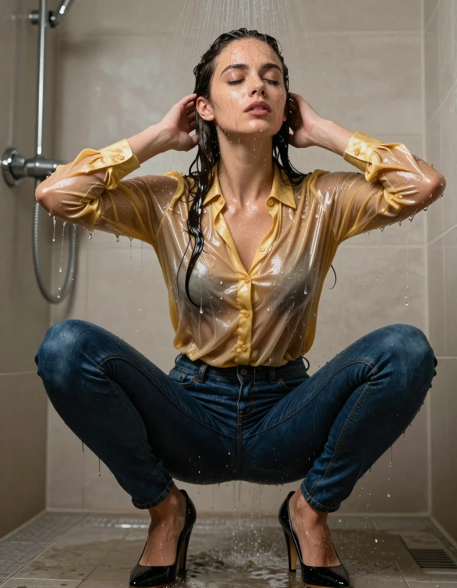 photo of young woman, in soaking wet, drenched clothes,
pumps, dark blue jeans, shiny golden blouse, shower, 
enjoying, wet clothes stuck to body,
detailed textures of the wet clothes, wet face, wet plastered hair,
wet, drenched, professional, high-quality details, full body view.
sharp focus, ultra-high pixel detail, realistic, high-quality, full colors, incredibly detailed, 4k, 8k, 16k, hyper-realistic, RAW photo, masterpiece, ultra-detailed, professionally color graded, professional photograph, collar, long sleeves, buttoned, wet hair, long hair, drenched, dripping wet, submerged, full body, see-through, wet skin, wet clothes, damp fabric