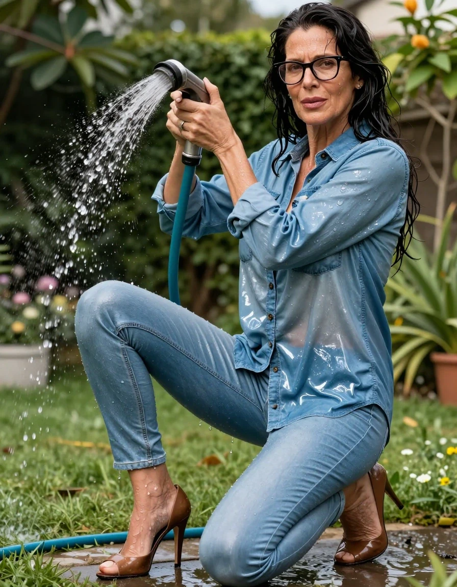 photo of young woman, in soaking wet, drenched clothes,
high-heeled shoes, shiny leather light blue jeans, maxi shiny light blue denim shirt with long sleeves, , pouring water with the hose in sunny garden, enjoying wet clothes stuck body, enjoying, wet clothes stuck to body, 
enjoying, wet clothes stuck to body,
detailed textures of the wet clothes, wet face, wet plastered hair,
wet, drenched, professional, high-quality details, full body view.
sharp focus, ultra-high pixel detail, realistic, high-quality, full colors, incredibly detailed, 4k, 8k, 16k, hyper-realistic, RAW photo, masterpiece, ultra-detailed, professionally color graded, professional photograph, europen brunette skinny woman 50 years old, long dark black hair, office glasses, very big and thick lips, complete body, wet skin, wet clothes, damp fabric, wet skin, wet clothes, damp fabric, wet skin, wet clothes, damp fabric, wet skin, wet clothes, damp fabric, wet skin, wet clothes, damp fabric, wet skin, wet clothes, damp fabric, wet skin, wet clothes, damp fabric