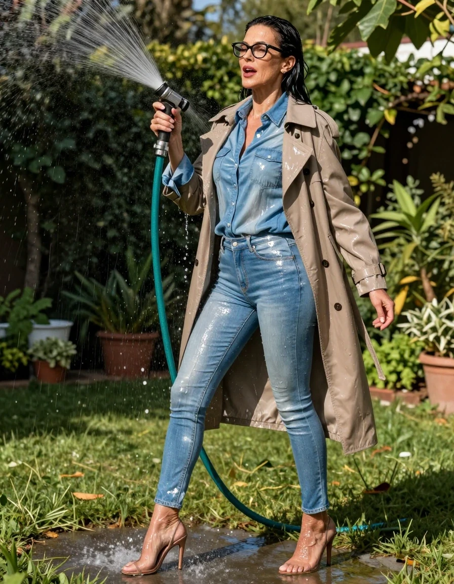 photo of young woman, in soaking wet, drenched clothes,
high-heeled shoes, shiny leather light blue jeans, maxi shiny light blue denim shirt with long sleeves, maxi light brown trenchcoat, pouring water with the hose in sunny garden, enjoying wet clothes stuck body, enjoying, wet clothes stuck to body, 
enjoying, wet clothes stuck to body,
detailed textures of the wet clothes, wet face, wet plastered hair,
wet, drenched, professional, high-quality details, full body view.
sharp focus, ultra-high pixel detail, realistic, high-quality, full colors, incredibly detailed, 4k, 8k, 16k, hyper-realistic, RAW photo, masterpiece, ultra-detailed, professionally color graded, professional photograph, europen brunette skinny woman 50 years old, long dark black hair, office glasses, very big and thick lips, complete body, wet skin, wet clothes, damp fabric, wet skin, wet clothes, damp fabric, wet skin, wet clothes, damp fabric, wet skin, wet clothes, damp fabric, wet skin, wet clothes, damp fabric, wet skin, wet clothes, damp fabric, wet skin, wet clothes, damp fabric