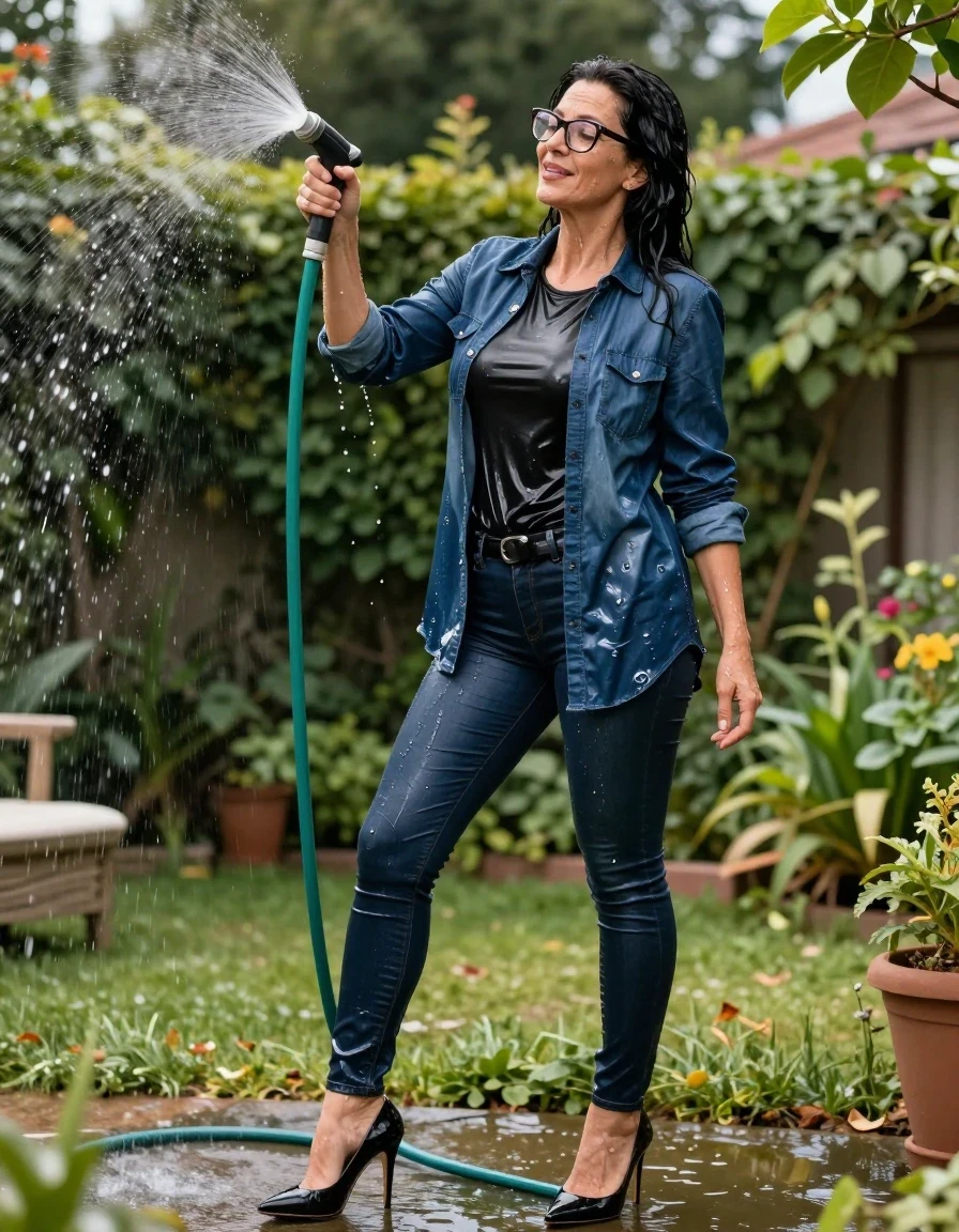 photo of young woman, in soaking wet, drenched clothes,
high-heeled shoes, shiny leather dark blue jeans, shiny black t-shirt wih long sleeves, maxi shiny dark blue denim shirt with long sleeves, pouring water with the hose in sunny garden, enjoying wet clothes stuck body, enjoying, wet clothes stuck to body, 
enjoying, wet clothes stuck to body,
detailed textures of the wet clothes, wet face, wet plastered hair,
wet, drenched, professional, high-quality details, full body view.
sharp focus, ultra-high pixel detail, realistic, high-quality, full colors, incredibly detailed, 4k, 8k, 16k, hyper-realistic, RAW photo, masterpiece, ultra-detailed, professionally color graded, professional photograph, europen brunette skinny woman 50 years old, long dark black hair, office glasses, very big and thick lips, complete body, wet skin, wet clothes, damp fabric, wet skin, wet clothes, damp fabric, wet skin, wet clothes, damp fabric, wet skin, wet clothes, damp fabric, wet skin, wet clothes, damp fabric, wet skin, wet clothes, damp fabric, wet skin, wet clothes, damp fabric