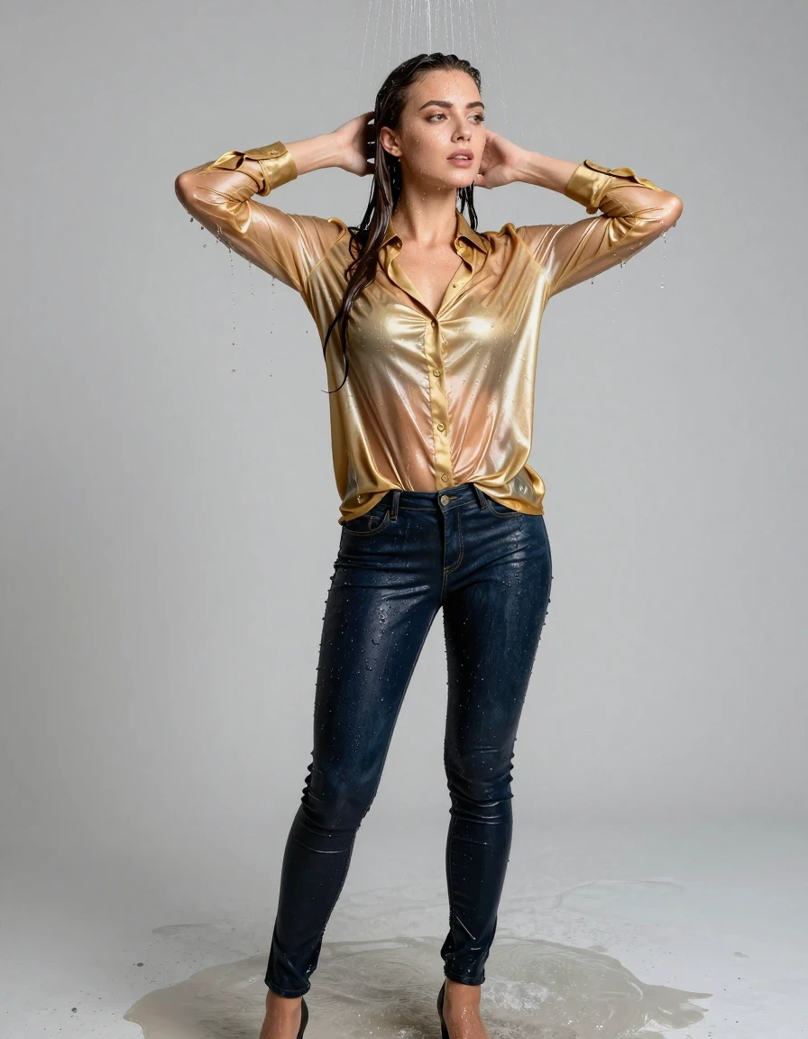 photo of young woman, in soaking wet, drenched clothes,
pumps, dark blue jeans, shiny golden blouse, shower, 
enjoying, wet clothes stuck to body,
detailed textures of the wet clothes, wet face, wet plastered hair,
wet, drenched, professional, high-quality details, full body view.
sharp focus, ultra-high pixel detail, realistic, high-quality, full colors, incredibly detailed, 4k, 8k, 16k, hyper-realistic, RAW photo, masterpiece, ultra-detailed, professionally color graded, professional photograph, collar, long sleeves, buttoned, wet hair, long hair, drenched, dripping wet, submerged, full body, see-through, standing, side view, wet skin, wet clothes, damp fabric