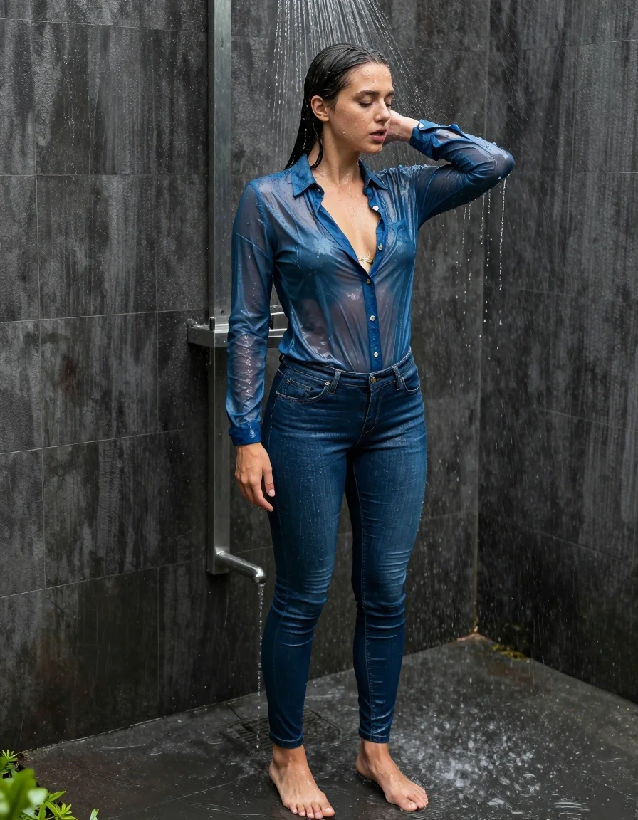 photo of young woman, in soaking wet, drenched clothes,
pumps, blue jeans, shiny,  blue jeans blouse, outdoor shower, shower, rain, 
enjoying, wet clothes stuck to body,
detailed textures of the wet clothes, wet face, wet plastered hair,
wet, drenched, professional, high-quality details, full body view.
sharp focus, ultra-high pixel detail, realistic, high-quality, full colors, incredibly detailed, 4k, 8k, 16k, hyper-realistic, RAW photo, masterpiece, ultra-detailed, professionally color graded, professional photograph, collar, long sleeves, buttoned, wet hair, long hair, drenched, dripping wet, submerged, full body, see-through, standing, side view, wet skin, wet clothes, damp fabric