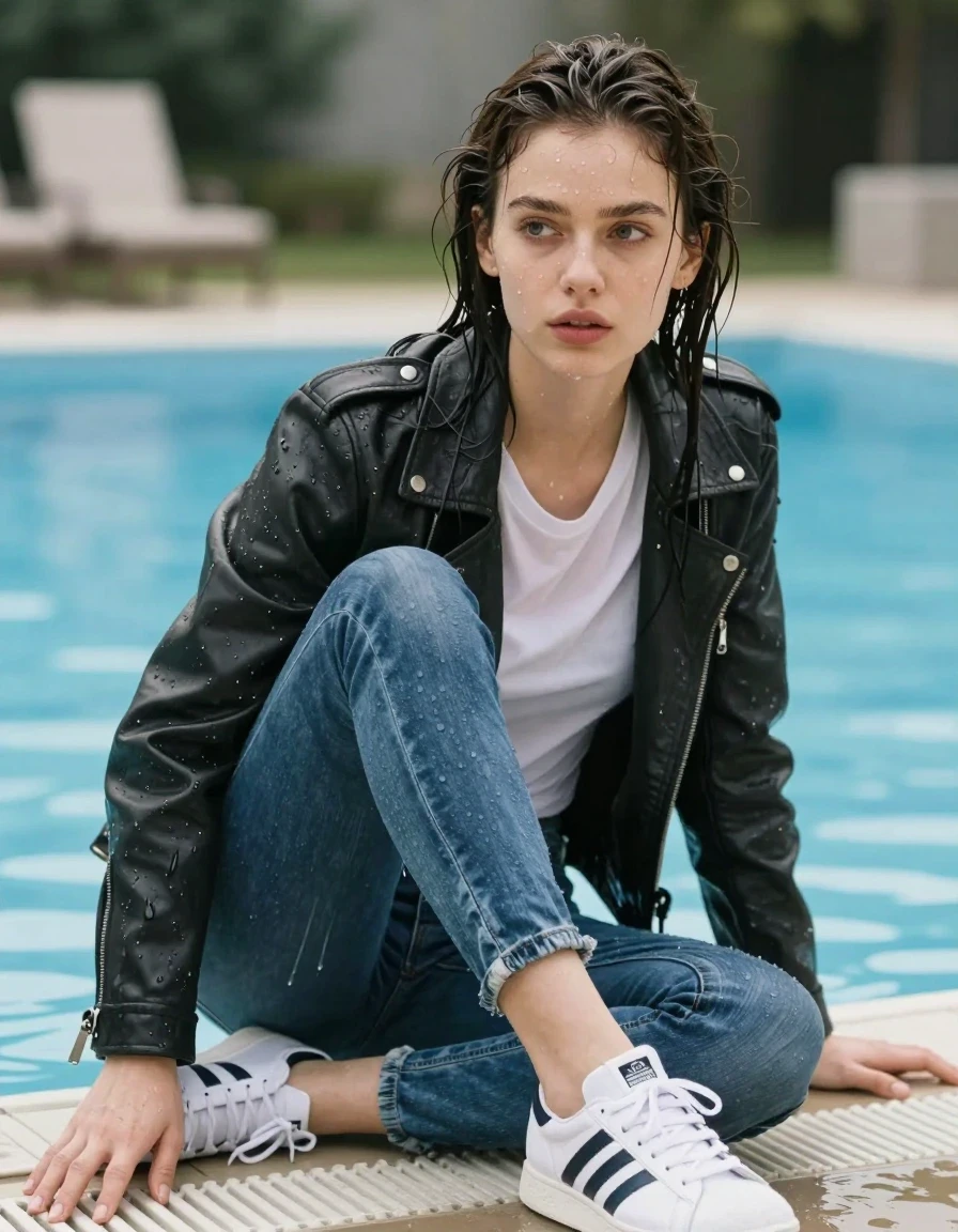 photo of young woman, in soaking wet, drenched clothes,
Adidas sneakers, Blue jeans, White t-shirt and leather jacket, Pool, 
enjoying, wet clothes stuck to body,
detailed textures of the wet clothes, wet face, wet plastered hair,
wet, drenched, professional, high-quality details, full body view.
sharp focus, ultra-high pixel detail, realistic, high-quality, full colors, incredibly detailed, 4k, 8k, 16k, hyper-realistic, RAW photo, masterpiece, ultra-detailed, professionally color graded, professional photograph, wet skin, wet clothes, damp fabric