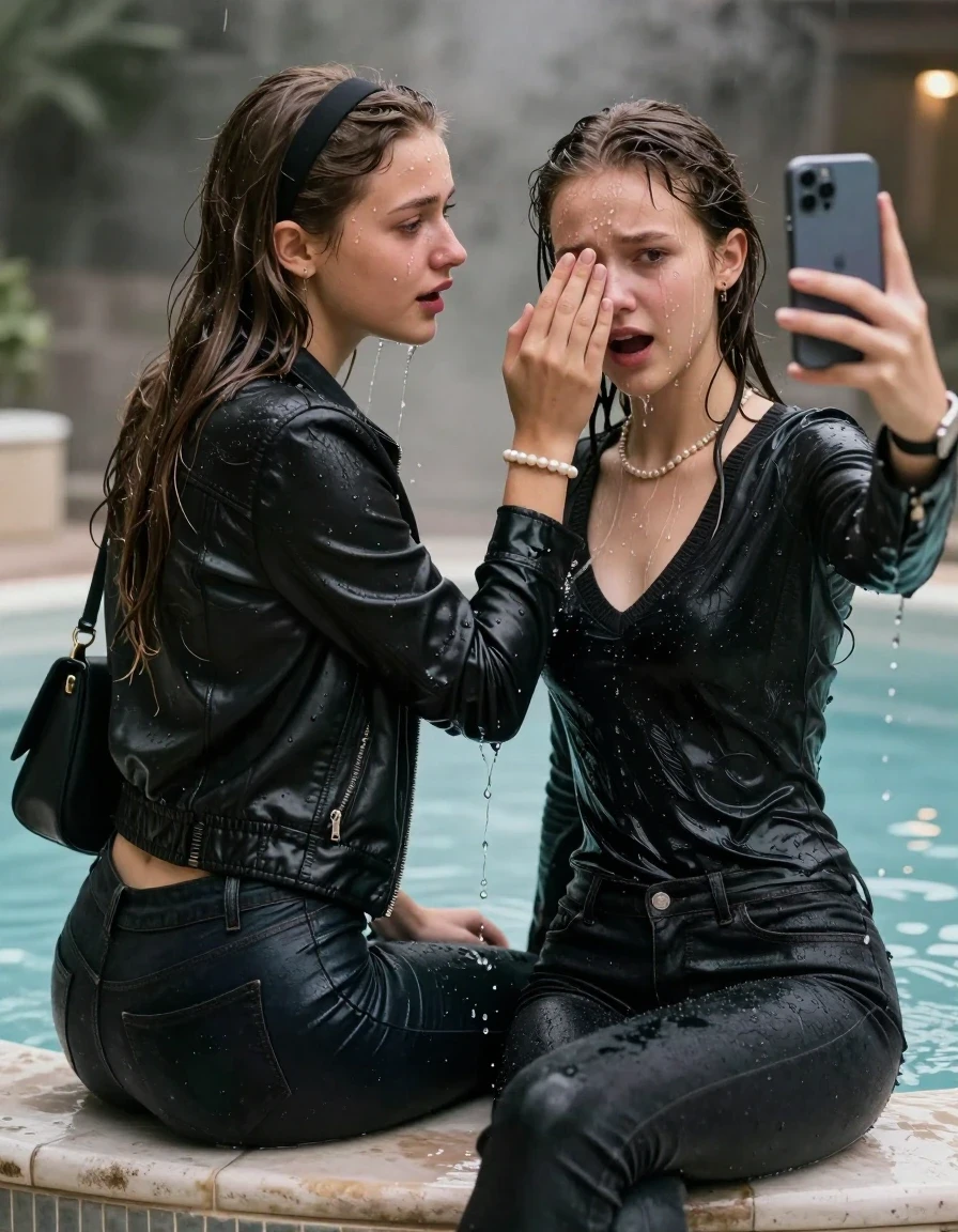 photo of young woman, in soaking wet, drenched clothes,
, Dark skinny jeans, Black leatherjacket with fur, Open jacket, tight v-neck sweater, shoulderbag, pearl necklace, bracelet, wristwatch, Steaming indoor jacuzzi , 
enjoying, wet clothes stuck to body,
detailed textures of the wet clothes, wet face, wet plastered hair,
wet, drenched, professional, high-quality details, full body view.
sharp focus, ultra-high pixel detail, realistic, high-quality, full colors, incredibly detailed, 4k, 8k, 16k, hyper-realistic, RAW photo, masterpiece, ultra-detailed, professionally color graded, professional photograph, A realistic vertical fashion photograph taken from a backward, behind-the-back angle of two 15-year-old teenage girls sitting in a steaming indoor jacuzzi, facing away from the camera to show her back. Take a Selfie with her smartphone. She cover her whole face with her hand. She is tilting her head down, letting the water drench her hair so it is glued flat against her head and body. She has Sleek  straight long hair with hairband, completely saturated and dripping wet hair, with water cascading down her face and neck, crying and astonished expression. The lighting is bright and cinematic, highlighting the glistening water droplets on her skin and the saturated texture of her  casual clothes.  Open mouth, half closed eyes. 
her clothing is soaking wet and clinging tightly to her skin, showing heavy wet folds, darkened fabric texture, and deep water-saturated Patches, her clothes are heavy from the water, water runs from her body and her clothes in streams. A lot of water also runs out of her clothes. Her clothes are darkened by the water. 
hyper-realistic wetness, high-contrast water sheen, sharp focus, 16k resolution, professional photography, realistic water physics., wet skin, wet clothes, damp fabric, wet skin, wet clothes, damp fabric, wet skin, wet clothes, damp fabric, wet skin, wet clothes, damp fabric, wet skin, wet clothes, damp fabric, wet skin, wet clothes, damp fabric, wet skin, wet clothes, damp fabric, wet skin, wet clothes, damp fabric, wet skin, wet clothes, damp fabric, wet skin, wet clothes, damp fabric, wet skin, wet clothes, damp fabric, wet skin, wet clothes, damp fabric