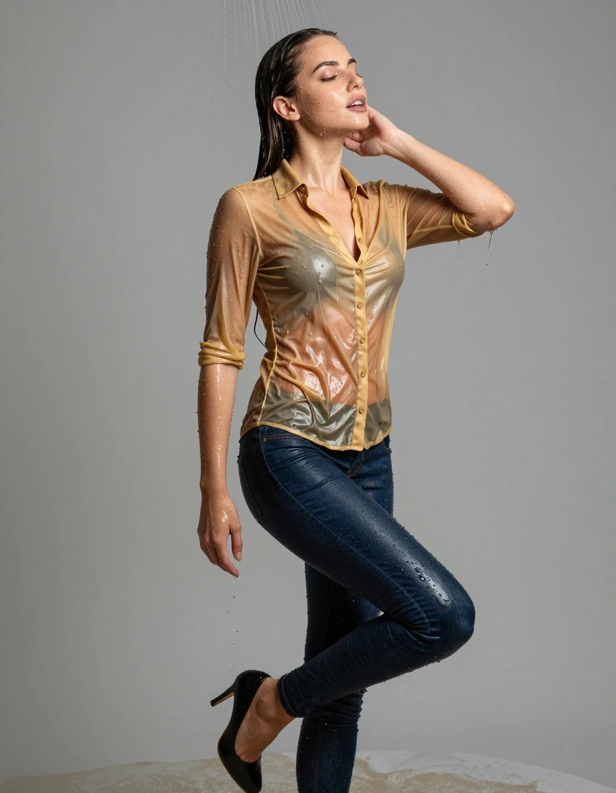 photo of young woman, in soaking wet, drenched clothes,
pumps, dark blue jeans, shiny golden blouse, shower, 
enjoying, wet clothes stuck to body,
detailed textures of the wet clothes, wet face, wet plastered hair,
wet, drenched, professional, high-quality details, full body view.
sharp focus, ultra-high pixel detail, realistic, high-quality, full colors, incredibly detailed, 4k, 8k, 16k, hyper-realistic, RAW photo, masterpiece, ultra-detailed, professionally color graded, professional photograph, collar, long sleeves, buttoned, wet hair, long hair, drenched, dripping wet, submerged, full body, see-through, standing, side view, wet skin, wet clothes, damp fabric