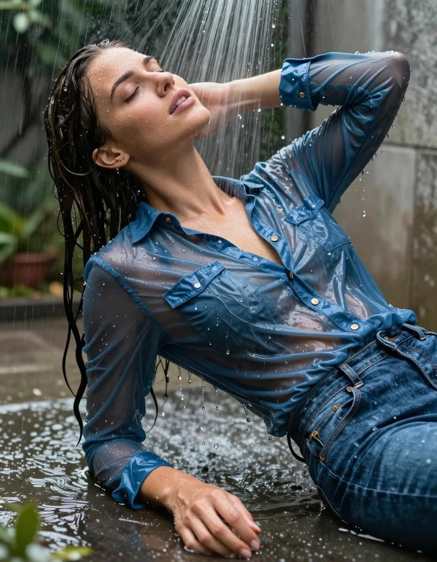 photo of young woman, in soaking wet, drenched clothes,
pumps, blue jeans, shiny,  blue jeans blouse, outdoor shower, shower, rain, 
enjoying, wet clothes stuck to body,
detailed textures of the wet clothes, wet face, wet plastered hair,
wet, drenched, professional, high-quality details, full body view.
sharp focus, ultra-high pixel detail, realistic, high-quality, full colors, incredibly detailed, 4k, 8k, 16k, hyper-realistic, RAW photo, masterpiece, ultra-detailed, professionally color graded, professional photograph, collar, long sleeves, buttoned, wet hair, long hair, drenched, dripping wet, submerged, full body, see-through, lying, side view, wet skin, wet clothes, damp fabric