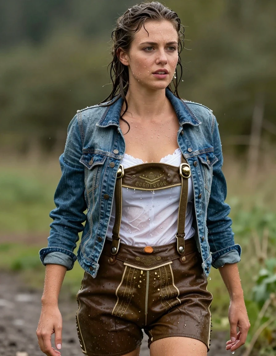 photo of young woman, in soaking wet, drenched clothes,
Lederhose, Kurze Lederbluse Jeansjacke , Schlammbad, 
enjoying, wet clothes stuck to body,
detailed textures of the wet clothes, wet face, wet plastered hair,
wet, drenched, professional, high-quality details, full body view.
sharp focus, ultra-high pixel detail, realistic, high-quality, full colors, incredibly detailed, 4k, 8k, 16k, hyper-realistic, RAW photo, masterpiece, ultra-detailed, professionally color graded, professional photograph, wet skin, wet clothes, damp fabric