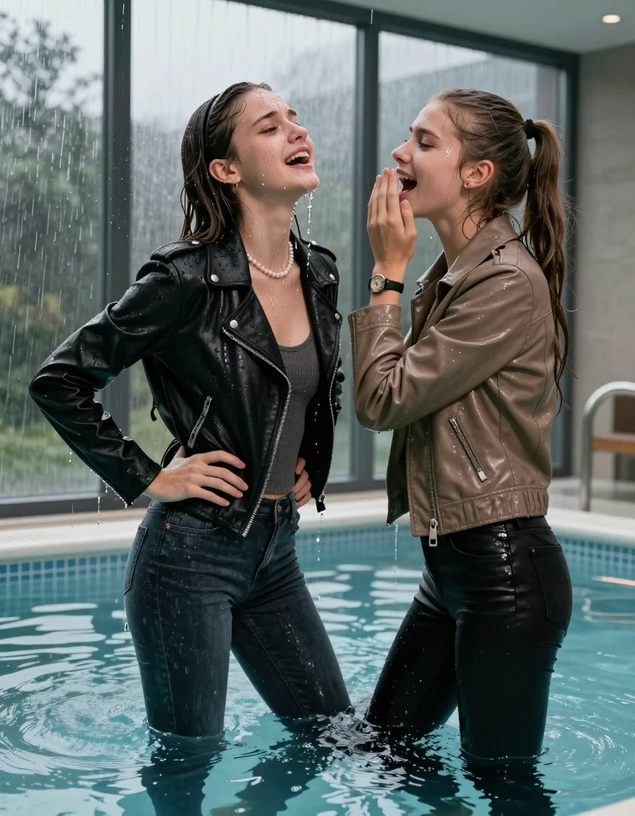 photo of young woman, in soaking wet, drenched clothes,
, Dark skinny jeans, Black leatherjacket with fur, Open jacket, tight v-neck sweater, shoulderbag, pearl necklace, bracelet, wristwatch, Steaming indoor jacuzzi , 
enjoying, wet clothes stuck to body,
detailed textures of the wet clothes, wet face, wet plastered hair,
wet, drenched, professional, high-quality details, full body view.
sharp focus, ultra-high pixel detail, realistic, high-quality, full colors, incredibly detailed, 4k, 8k, 16k, hyper-realistic, RAW photo, masterpiece, ultra-detailed, professionally color graded, professional photograph, A realistic vertical fashion photograph of two 15-year-old teenage girls deep submerged in a , glass-walled indoor swimming pool facing away from the camera to show her back. Leaning foreward. One hold her hands on her hips. One hold her Hand on her mouth. She is tilting her head up, letting the water drench her hair so it is glued flat against her head and body. She has Sleek  straight long hair with hairband and one has a sleek ponytail, completely saturated and dripping wet hair, with water cascading down her face and neck, crying and astonished expression. The lighting is bright and cinematic, highlighting the glistening water droplets on her skin and the saturated texture of her  casual clothes.  Open mouth, half closed eyes. One wears a black leatherjacket and dark levis skinny jeans. One wears a light brown leatherjacket and black skinny jeans.
The clothing of both girls are soaking wet and clinging tightly to her skin, showing heavy wet folds, darkened fabric texture, and deep water-saturated Patches, her clothes are heavy from the water, water runs from her body and her clothes in streams. A lot of water also runs out of her clothes. Her clothes are darkened by the water. 

Outside the large glass wall of the pool building, heavy rain is visible falling against the window. Soft, moody indoor lighting with reflections on the water. High-quality fashion photography style.
hyper-realistic wetness, high-contrast water sheen, sharp focus, 16k resolution, professional photography, realistic water physics., wet skin, wet clothes, damp fabric, wet skin, wet clothes, damp fabric, wet skin, wet clothes, damp fabric, wet skin, wet clothes, damp fabric, wet skin, wet clothes, damp fabric, wet skin, wet clothes, damp fabric, wet skin, wet clothes, damp fabric, wet skin, wet clothes, damp fabric, wet skin, wet clothes, damp fabric, wet skin, wet clothes, damp fabric, wet skin, wet clothes, damp fabric, wet skin, wet clothes, damp fabric, wet skin, wet clothes, damp fabric, wet skin, wet clothes, damp fabric, wet skin, wet clothes, damp fabric, wet skin, wet clothes, damp fabric, wet skin, wet clothes, damp fabric, wet skin, wet clothes, damp fabric