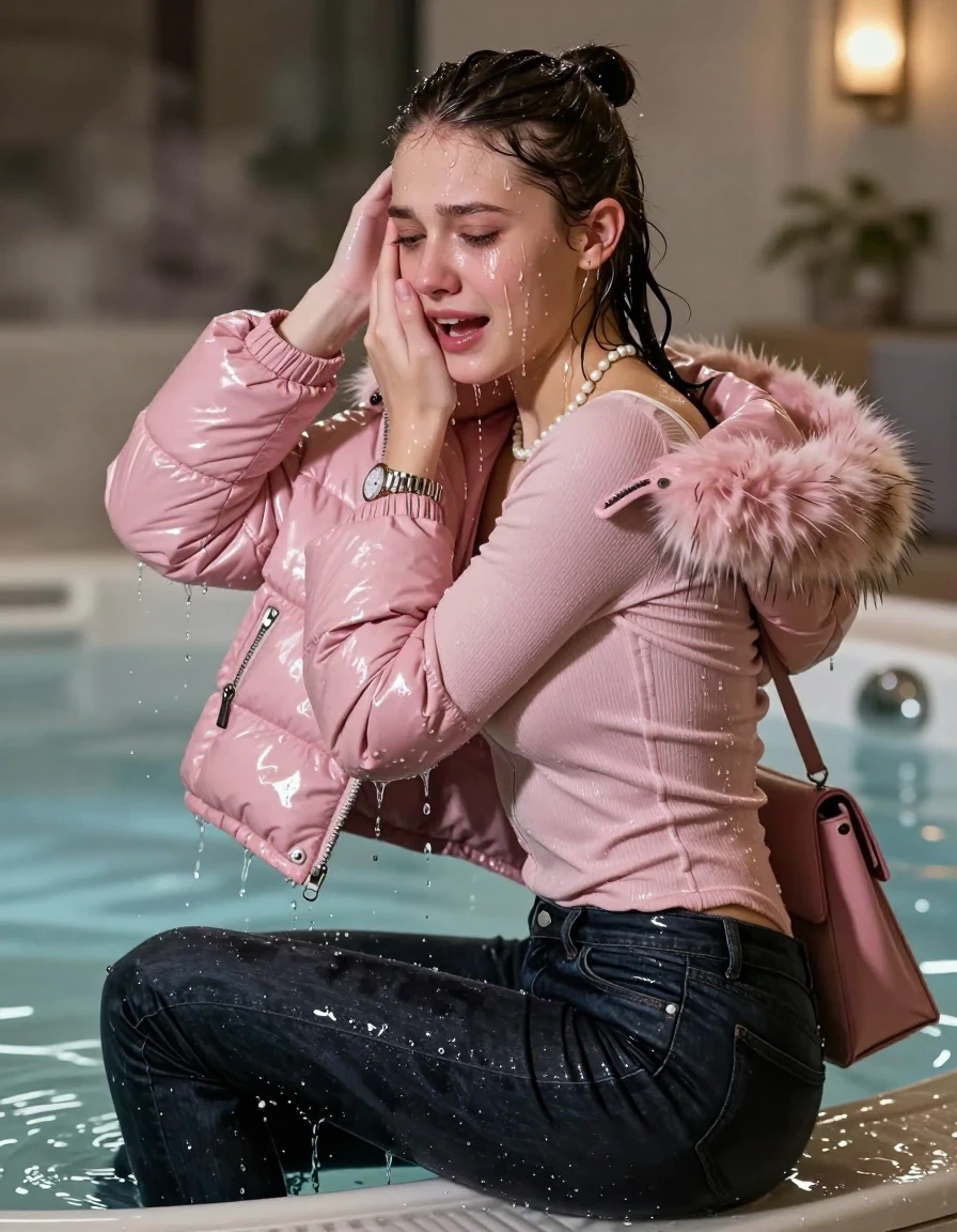 photo of young woman, in soaking wet, drenched clothes,
, Dark skinny jeans, Pink Moncler shiny puffer down jacket with fur, Open jacket, tight v-neck sweater, shoulderbag, pearl necklace, bracelet, wristwatch, Steaming indoor jacuzzi , 
enjoying, wet clothes stuck to body,
detailed textures of the wet clothes, wet face, wet plastered hair,
wet, drenched, professional, high-quality details, full body view.
sharp focus, ultra-high pixel detail, realistic, high-quality, full colors, incredibly detailed, 4k, 8k, 16k, hyper-realistic, RAW photo, masterpiece, ultra-detailed, professionally color graded, professional photograph, A realistic vertical fashion photograph taken from a backward, behind-the-back angle of a 15-year-old teenage girl sitting in a steaming indoor jacuzzi, facing away from the camera to show her back. She hold her hand on her face. She is tilting her head at camera, letting the water drench her hair so it is glued flat against her head and body. She has a Sleek ponytail, completely saturated and dripping wet hair, with water cascading down her face and neck, crying and astonished expression. The lighting is bright and cinematic, highlighting the glistening water droplets on her skin and the saturated texture of her  casual clothes.  Open mouth, half closed eyes. 
her clothing is soaking wet and clinging tightly to her skin, showing heavy wet folds, darkened fabric texture, and deep water-saturated Patches, her clothes are heavy from the water, water runs from her body and her clothes in streams. A lot of water also runs out of her clothes. Her clothes are darkened by the water. 
hyper-realistic wetness, high-contrast water sheen, sharp focus, 16k resolution, professional photography, realistic water physics., wet skin, wet clothes, damp fabric, wet skin, wet clothes, damp fabric, wet skin, wet clothes, damp fabric, wet skin, wet clothes, damp fabric, wet skin, wet clothes, damp fabric, wet skin, wet clothes, damp fabric, wet skin, wet clothes, damp fabric, wet skin, wet clothes, damp fabric, wet skin, wet clothes, damp fabric, wet skin, wet clothes, damp fabric, wet skin, wet clothes, damp fabric, wet skin, wet clothes, damp fabric