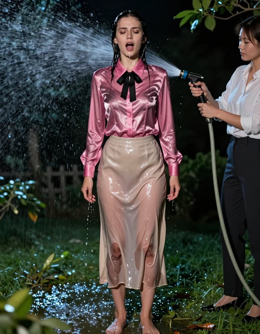 A photorealistic medium shot of a young adult European woman with a submissive expression, experiencing an intense orgasm, standing in a lush garden at night. She is wearing a long-sleeved satin pink button-down blouse with a black bowtie and a floor-length beige silk skirt, her bare feet planted on the damp grass. A dominant woman in business casual attire stands nearby, drenching her with water from a garden hose. The water creates a translucent, clinging effect on the clothes; the pink satin blouse is heavily soaked, darkening to a deep magenta, clinging to her skin with glossy highlights and pronounced fabric folds. The beige silk skirt is saturated, heavy, and clinging, showing deep wet patches and dark transparency where it clings to her legs. Her skin is glistening with a wet sheen, water droplets cascading down her face and hair. The scene is illuminated by cool moonlight and subtle garden lighting, emphasizing the textures of the wet fabric, the weight of the soaked silk, and the glistening skin. High-detail photography, cinematic lighting, realistic water behavior, sharp focus on subject.
