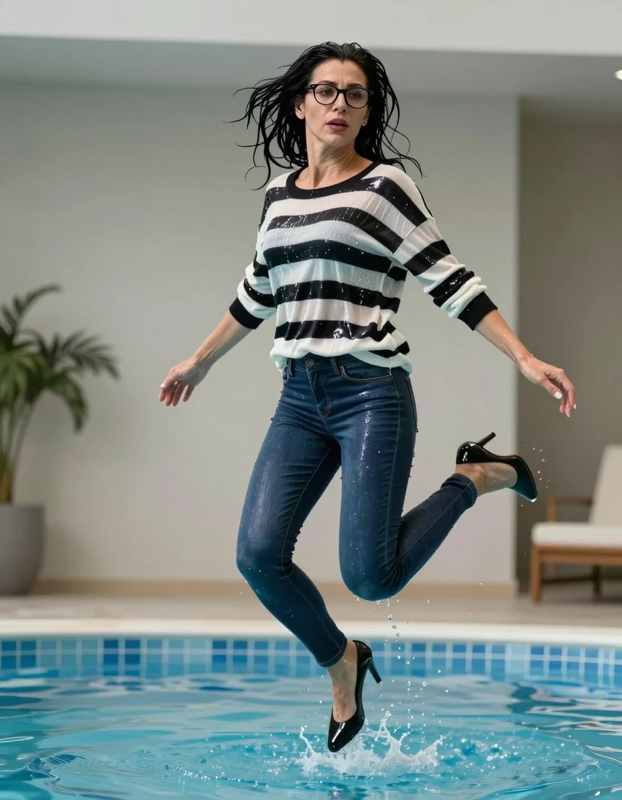 photo of young woman, in soaking wet, drenched clothes,
high heels black shoes, long dark blue shiny tight jeans, maxi shiny black & white striped sweater, jumping in indoor pool, enjoying wet clothes stuck body, enjoying, wet clothes stuck to body, 
enjoying, wet clothes stuck to body,
detailed textures of the wet clothes, wet face, wet plastered hair,
wet, drenched, professional, high-quality details, full body view.
sharp focus, ultra-high pixel detail, realistic, high-quality, full colors, incredibly detailed, 4k, 8k, 16k, hyper-realistic, RAW photo, masterpiece, ultra-detailed, professionally color graded, professional photograph, europen brunette skinny woman 50 years old, long dark black hair, office glasses, very big and thick lips, complete body, wet skin, wet clothes, damp fabric, wet skin, wet clothes, damp fabric, wet skin, wet clothes, damp fabric, wet skin, wet clothes, damp fabric, wet skin, wet clothes, damp fabric, wet skin, wet clothes, damp fabric, wet skin, wet clothes, damp fabric