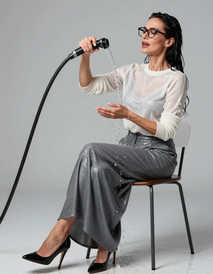 photo of young woman, in soaking wet, drenched clothes,
high heels black shoes, maxi gray skirt, shiny white sweater, on the chair, pouring water with the hose, enjoying wet clothes stuck body, enjoying, wet clothes stuck to body, 
enjoying, wet clothes stuck to body,
detailed textures of the wet clothes, wet face, wet plastered hair,
wet, drenched, professional, high-quality details, full body view.
sharp focus, ultra-high pixel detail, realistic, high-quality, full colors, incredibly detailed, 4k, 8k, 16k, hyper-realistic, RAW photo, masterpiece, ultra-detailed, professionally color graded, professional photograph, europen brunette skinny woman 50 years old, long dark black hair, office glasses, very big and thick lips, complete body, wet skin, wet clothes, damp fabric, wet skin, wet clothes, damp fabric, wet skin, wet clothes, damp fabric, wet skin, wet clothes, damp fabric, wet skin, wet clothes, damp fabric, wet skin, wet clothes, damp fabric, wet skin, wet clothes, damp fabric