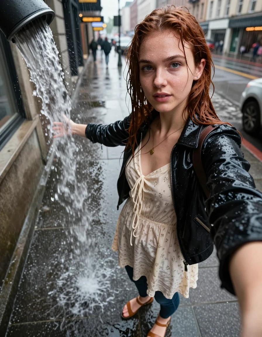 photo of young woman, in soaking wet, drenched clothes,
Black flats, Dark Levi’s skinny jeans, Black Bilder lestherjacket, v-neck sweater, downtown on rainy afternoon , 
enjoying, wet clothes stuck to body,
detailed textures of the wet clothes, wet face, wet plastered hair,
wet, drenched, professional, high-quality details, full body view.
sharp focus, ultra-high pixel detail, realistic, high-quality, full colors, incredibly detailed, 4k, 8k, 16k, hyper-realistic, RAW photo, masterpiece, ultra-detailed, professionally color graded, professional photograph, A high-detail selfie-style photograph of a fit 15-years-old Teenage Girl with chestnut hair, captured on a rainy afternoon in a bustling downtown city street. She is positioned backing herself directly into a heavy, cascading stream of water pouring from a metal gutter downspout. She is wearing a cream-colored cotton sundress with a subtle floral pattern; the fabric is visibly dampened by the ambient rain, showing realistic darkening, clinging to her silhouette, and increased translucency in areas where the moisture has permeated the fibers. She is wearing tan sandal flats on her feet. Her chestnut hair is damp and slightly piecey from the rain. The atmosphere is moody and overcast with wet pavement reflecting the city lights. The composition is a close-up selfie angle, capturing her focused expression as she interacts with the water stream. The lighting is soft, diffused natural daylight, emphasizing the water sheen on her skin and the texture of the wet cotton fabric., wet skin, wet clothes, damp fabric