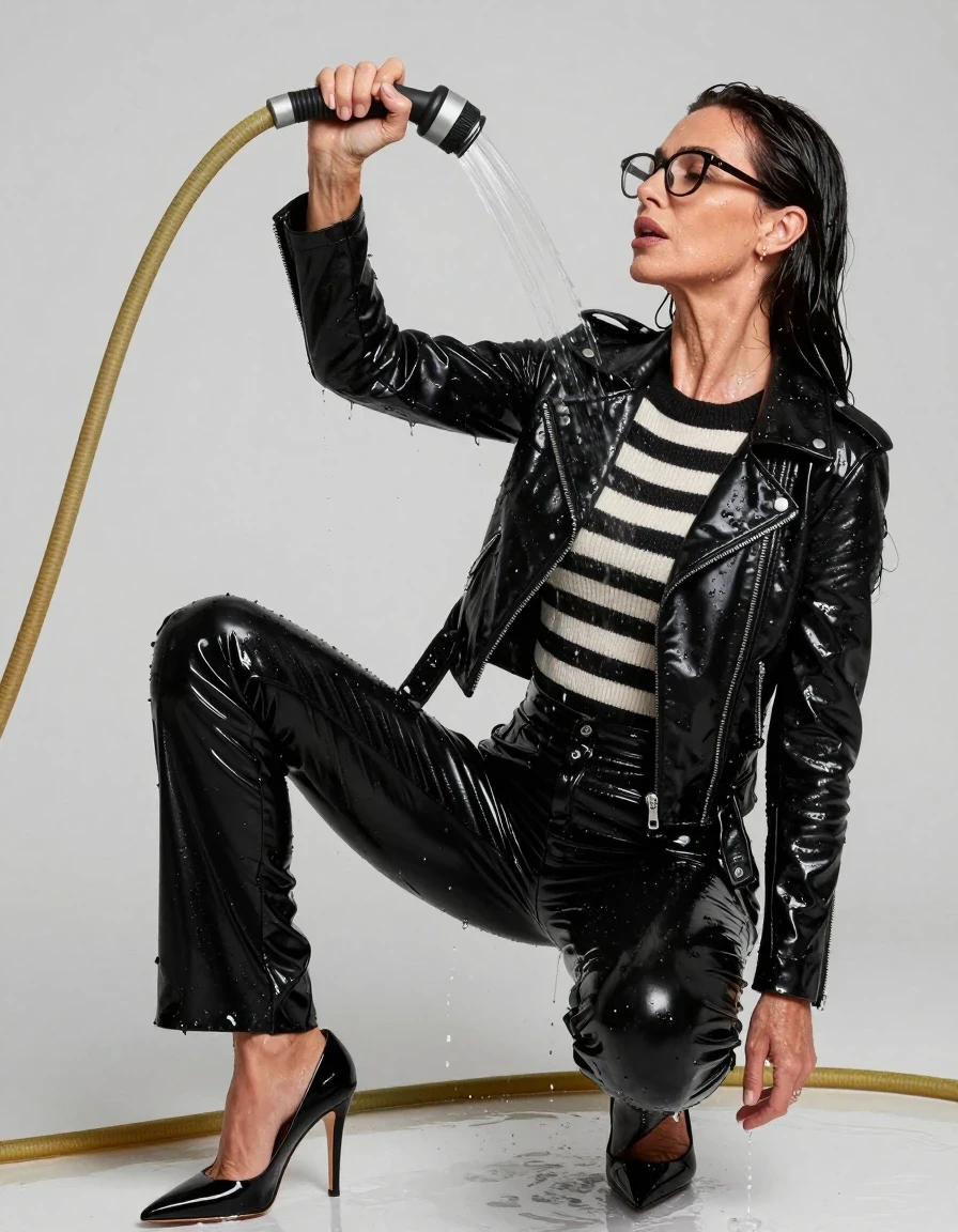 photo of young woman, in soaking wet, drenched clothes,
high heels black shoes, long black shiny latex trousers, maxi shiny black & white striped sweater, black latex biker jacket, pouring water with the hose, enjoying wet clothes stuck body, enjoying, wet clothes stuck to body, 
enjoying, wet clothes stuck to body,
detailed textures of the wet clothes, wet face, wet plastered hair,
wet, drenched, professional, high-quality details, full body view.
sharp focus, ultra-high pixel detail, realistic, high-quality, full colors, incredibly detailed, 4k, 8k, 16k, hyper-realistic, RAW photo, masterpiece, ultra-detailed, professionally color graded, professional photograph, europen brunette skinny woman 50 years old, long dark black hair, office glasses, very big and thick lips, complete body, wet skin, wet clothes, damp fabric, wet skin, wet clothes, damp fabric, wet skin, wet clothes, damp fabric, wet skin, wet clothes, damp fabric, wet skin, wet clothes, damp fabric, wet skin, wet clothes, damp fabric, wet skin, wet clothes, damp fabric