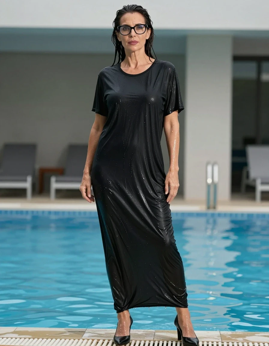 photo of young woman, in soaking wet, drenched clothes,
high black shoes, maxi black t-shirt dress, maxi black t-shirt dress, after bath in swiming pool, enjoying wet clothes stuck body, enjoying, wet clothes stuck to body, 
enjoying, wet clothes stuck to body,
detailed textures of the wet clothes, wet face, wet plastered hair,
wet, drenched, professional, high-quality details, full body view.
sharp focus, ultra-high pixel detail, realistic, high-quality, full colors, incredibly detailed, 4k, 8k, 16k, hyper-realistic, RAW photo, masterpiece, ultra-detailed, professionally color graded, professional photograph, europen brunette skinny woman 50 years old, long dark black hair, office glasses, very big and thick lips, complete body, wet skin, wet clothes, damp fabric, wet skin, wet clothes, damp fabric, wet skin, wet clothes, damp fabric, wet skin, wet clothes, damp fabric, wet skin, wet clothes, damp fabric, wet skin, wet clothes, damp fabric, wet skin, wet clothes, damp fabric