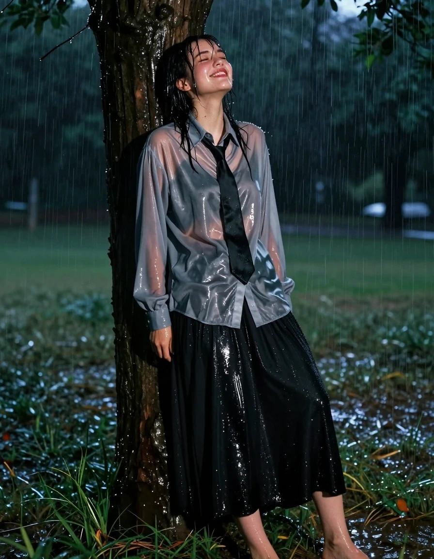 A photorealistic medium shot of a young adult European woman with wet, rain-slicked hair and skin, resting under a large tree in an empty park at night during a heavy torrential downpour. She is wearing an oversized, long-sleeved, buttoned-down grey satin nylon blouse that is heavily soaked, clinging to her body, and appearing translucent with dark, saturated patches and glossy water sheen. A crisp black necktie is knotted at her collar, also drenched and dark. She wears a floor-length, heavy cotton black skirt that is saturated with rainwater, clinging to her legs and pooling around her bare feet on the wet, muddy grass. She is caught in a moment of intense, ecstatic pleasure, with a flushed face, eyes closed, and an orgasmic expression. The scene is illuminated by dim, moody moonlight and atmospheric rain streaks. The wet fabric exhibits realistic weight, heavy folds, and strong specular reflections from the water. High-detail photography, 8k, sharp focus on skin texture and fabric weave, cinematic lighting.
