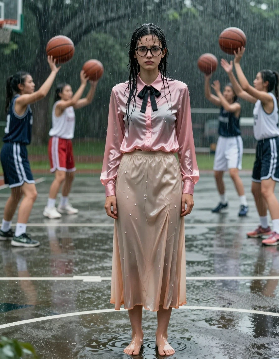 A photorealistic medium shot of a young adult European nerdy woman with glasses, standing on an outdoor concrete basketball court during a torrential rainstorm. She is wearing a satin pink long-sleeved buttoned-down blouse with a black bowtie and a floor-length beige silk skirt, all completely soaked, heavy with water, clinging to her skin, and exhibiting deep, translucent wet textures with high-gloss specular highlights. She is barefoot, with wet skin and hair matted by the downpour. The scene captures her reacting with a submissive, nervous expression as a group of female basketball players in the background throw basketballs toward her. The fabric of the blouse and skirt is darkened by saturation, showing heavy wet folds and clinging to her body. The environment is dark and moody, with rain streaks visible, water pooling on the concrete, and dramatic cinematic lighting reflecting off the wet surfaces. High-resolution, sharp focus, 8k, detailed skin texture, raw photographic quality.