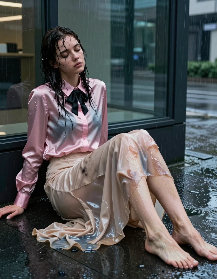 A young adult European woman, exhausted and slumped on the pavement in a collapsed posture, outside a corporate office building at night during a torrential downpour. She is barefoot, with wet skin and matted hair clinging to her face. She wears a long-sleeved satin pink button-down blouse and a black bowtie, both heavily soaked, clinging to her skin with deep color saturation and dark, wet patches. She wears a floor-length beige silk skirt that is completely water-saturated, heavy, and clinging to her legs, with translucent, dark wet folds and glossy specular highlights from the rain. The environment is dark and moody, illuminated by cold office window lights reflecting off the wet pavement and the woman's drenched clothing. Photorealistic, 8k, high detail, sharp focus on the texture of the wet silk and skin, cinematic lighting, captured with a 35mm lens.