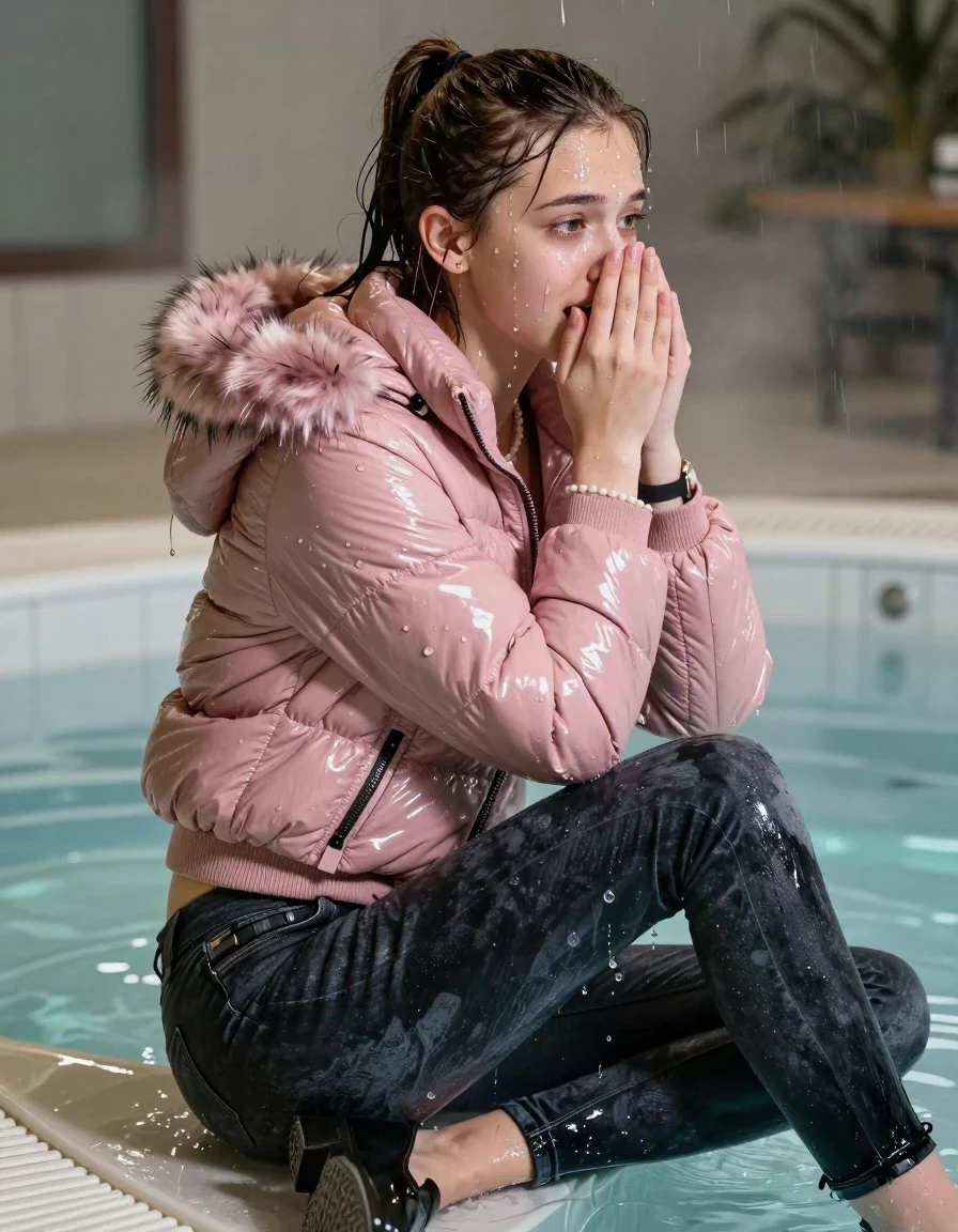 photo of young woman, in soaking wet, drenched clothes,
Black flats, Dark skinny jeans, Pink Moncler shiny puffer down jacket with fur, Open jacket, tight v-neck sweater, shoulderbag, pearl necklace, bracelet, wristwatch, Steaming indoor jacuzzi , 
enjoying, wet clothes stuck to body,
detailed textures of the wet clothes, wet face, wet plastered hair,
wet, drenched, professional, high-quality details, full body view.
sharp focus, ultra-high pixel detail, realistic, high-quality, full colors, incredibly detailed, 4k, 8k, 16k, hyper-realistic, RAW photo, masterpiece, ultra-detailed, professionally color graded, professional photograph, A realistic vertical fashion photograph of a 15-year-old teenage girl sitting in a steaming indoor jacuzzi, facing away from the camera to show her back. She Covers her nose with her hands. She is tilting her head at camera, looking directely into the camera, letting the water drench her hair so it is glued flat against her head and body. She has Sleek  long flipped ponytail. completely saturated and dripping wet hair, with water cascading down her face and neck, crying and astonished expression. The lighting is bright and cinematic, highlighting the glistening water droplets on her skin and the saturated texture of her  casual clothes.  Open mouth, half closed eyes. 
her clothing is soaking wet and clinging tightly to her skin, showing heavy wet folds, darkened fabric texture, and deep water-saturated Patches, her clothes are heavy from the water, water runs from her body and her clothes in streams. A lot of water also runs out of her clothes. Her clothes are darkened by the water. 
hyper-realistic wetness, high-contrast water sheen, sharp focus, 16k resolution, professional photography, realistic water physics., wet skin, wet clothes, damp fabric, wet skin, wet clothes, damp fabric, wet skin, wet clothes, damp fabric, wet skin, wet clothes, damp fabric, wet skin, wet clothes, damp fabric, wet skin, wet clothes, damp fabric, wet skin, wet clothes, damp fabric, wet skin, wet clothes, damp fabric, wet skin, wet clothes, damp fabric, wet skin, wet clothes, damp fabric, wet skin, wet clothes, damp fabric