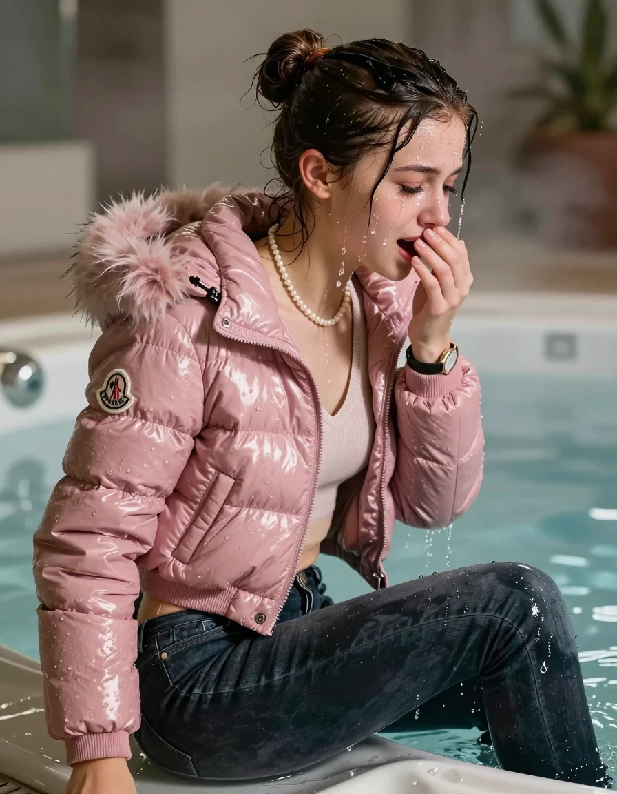 photo of young woman, in soaking wet, drenched clothes,
, Dark skinny jeans, Pink Moncler shiny puffer down jacket with fur, Open jacket, tight v-neck sweater, shoulderbag, pearl necklace, bracelet, wristwatch, Steaming indoor jacuzzi , 
enjoying, wet clothes stuck to body,
detailed textures of the wet clothes, wet face, wet plastered hair,
wet, drenched, professional, high-quality details, full body view.
sharp focus, ultra-high pixel detail, realistic, high-quality, full colors, incredibly detailed, 4k, 8k, 16k, hyper-realistic, RAW photo, masterpiece, ultra-detailed, professionally color graded, professional photograph, A realistic vertical fashion photograph taken from a backward, behind-the-back angle of a 15-year-old teenage girl sitting in a steaming indoor jacuzzi, facing away from the camera to show her back. She hold her hand over her mouth. She is tilting her head at camera, letting the water drench her hair so it is glued flat against her head and body. She has a selektiert bun , completely saturated and dripping wet hair, with water cascading down her face and neck, crying and astonished expression. The lighting is bright and cinematic, highlighting the glistening water droplets on her skin and the saturated texture of her  casual clothes.  half closed eyes. 
her clothing is soaking wet and clinging tightly to her skin, showing heavy wet folds, darkened fabric texture, and deep water-saturated Patches, her clothes are heavy from the water, water runs from her body and her clothes in streams. A lot of water also runs out of her clothes. Her clothes are darkened by the water. 
hyper-realistic wetness, high-contrast water sheen, sharp focus, 16k resolution, professional photography, realistic water physics., wet skin, wet clothes, damp fabric, wet skin, wet clothes, damp fabric, wet skin, wet clothes, damp fabric, wet skin, wet clothes, damp fabric, wet skin, wet clothes, damp fabric, wet skin, wet clothes, damp fabric, wet skin, wet clothes, damp fabric, wet skin, wet clothes, damp fabric, wet skin, wet clothes, damp fabric, wet skin, wet clothes, damp fabric, wet skin, wet clothes, damp fabric, wet skin, wet clothes, damp fabric