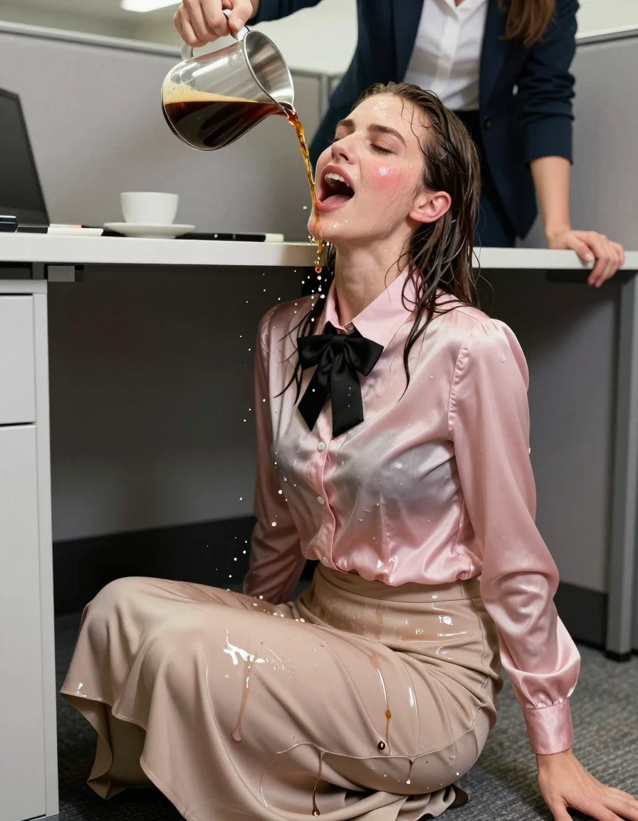 A photorealistic medium-shot of a young adult European woman with wet, damp skin and hair, experiencing a submissive, intense orgasm with a flushed, ecstatic expression, crouched under a small office desk in a confined cubicle. She is wearing a satin pink long-sleeved buttoned-down blouse with a black bowtie and a floor-length beige silk skirt; the silk is visibly soaked, clinging to her form with dark, translucent patches, heavy wet folds, and a high-sheen liquid texture. Above her, a dominant woman in business casual attire is captured in the act of pouring hot coffee down onto her, creating splashing liquid and droplets that saturate the clothing and skin. The lighting is harsh office fluorescent, highlighting the glossy, wet surface of the fabric and the damp sheen on her skin. The scene is captured with sharp focus, realistic textures, and high-fidelity photographic detail, emphasizing the weight and cling of the wet garments against her body.