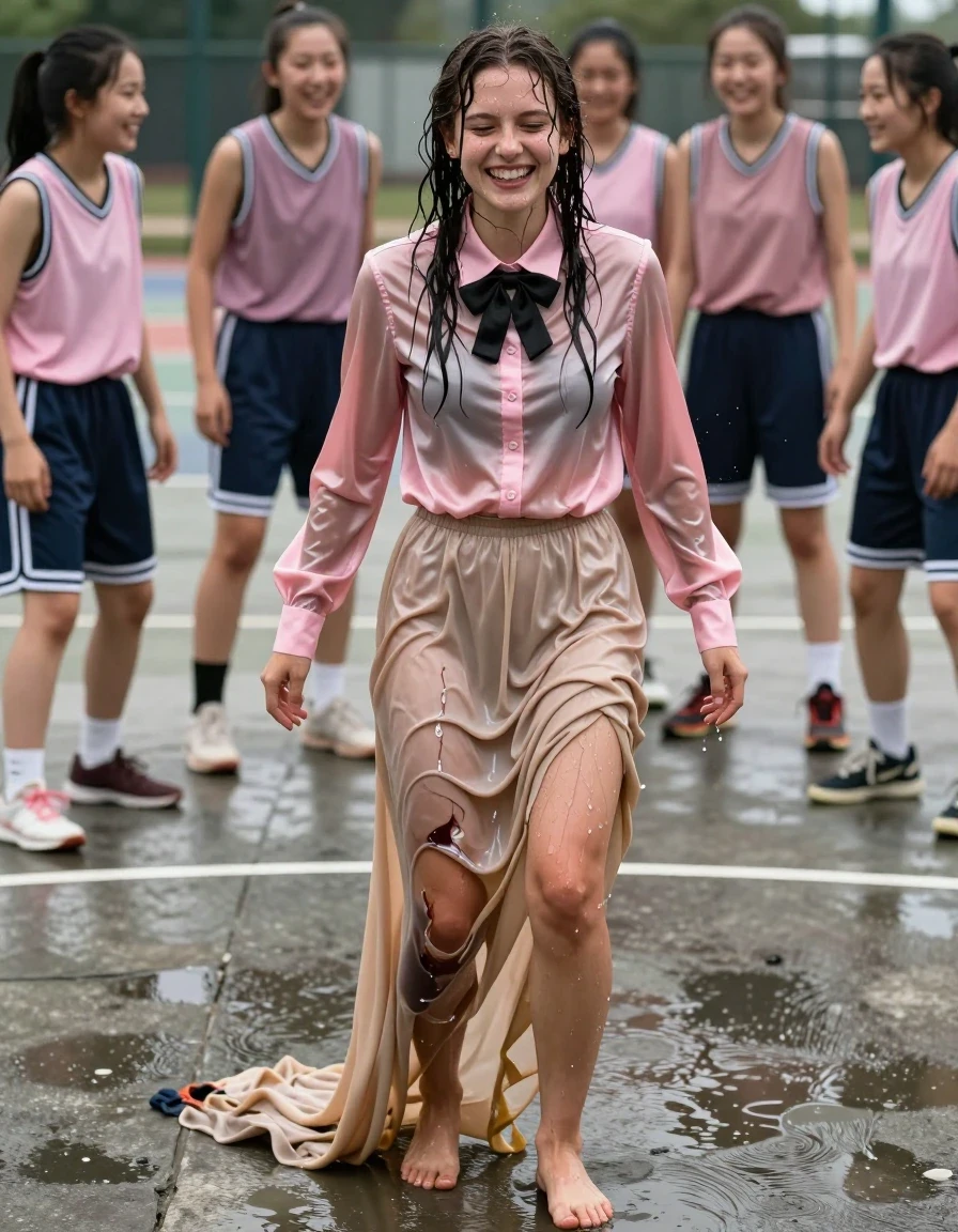 A photorealistic, high-detail shot of a nerdy young adult European woman with wet, matted hair and glistening, water-drenched skin, standing on an outdoor concrete basketball court. She is wearing a satin pink long-sleeved buttoned-down blouse and a black bowtie, both soaked through with water, causing the fabric to cling to her body and display heavy, darkened folds and intense specular highlights. She wears a floor-length beige silk skirt that is heavily saturated, clinging to her legs and dragging on the wet concrete, with darkened, translucent patches where the water has soaked through. She is barefoot, with her feet pressed against the damp, gritty concrete. She has a joyful, ecstatic expression, clearly enjoying being bullied by a group of girls in athletic basketball uniforms surrounding her. The scene is captured with a sharp focus on the wet textures and the contrast between the soaked fabrics and the rough court surface. Cinematic lighting, high-contrast, 8k resolution, hyper-realistic water physics, wet hair strands, damp skin texture, realistic fabric weight and drape.