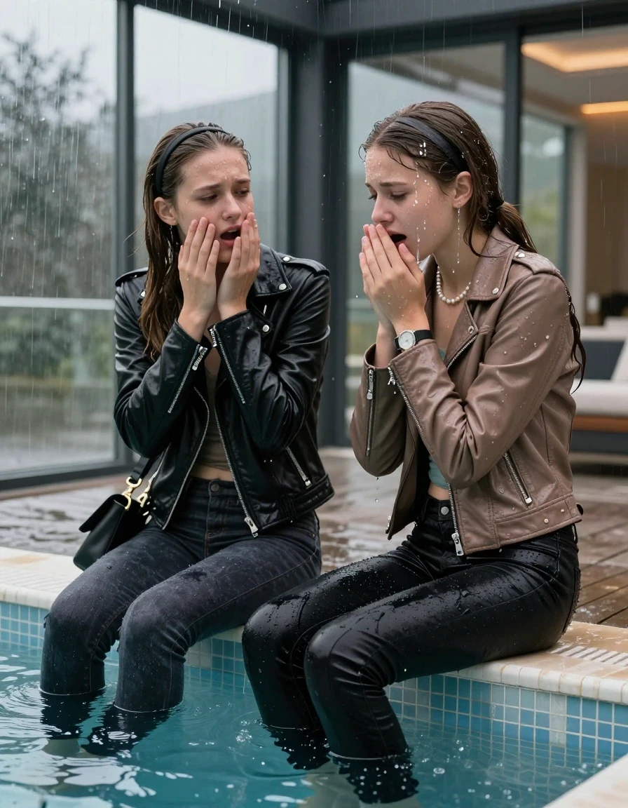 photo of young woman, in soaking wet, drenched clothes,
, Dark skinny jeans, Black leatherjacket with fur, Open jacket, tight v-neck sweater, shoulderbag, pearl necklace, bracelet, wristwatch, Steaming indoor jacuzzi , 
enjoying, wet clothes stuck to body,
detailed textures of the wet clothes, wet face, wet plastered hair,
wet, drenched, professional, high-quality details, full body view.
sharp focus, ultra-high pixel detail, realistic, high-quality, full colors, incredibly detailed, 4k, 8k, 16k, hyper-realistic, RAW photo, masterpiece, ultra-detailed, professionally color graded, professional photograph, A realistic vertical zoomed-in fashion photograph of two 15-year-old teenage girls sitting in a glass-walled outdoor swimming pool facing down to show her back. One hold her hands on her face. One hold her Hand on her mouth. She is tilting her head up, letting the water drench her hair so it is glued flat against her head and body. She has Sleek  straight long hair with hairband and one has a sleek ponytail, completely saturated and dripping wet hair, with water cascading down her face and neck, crying and astonished expression. The lighting is bright and cinematic, highlighting the glistening water droplets on her skin and the saturated texture of her  casual clothes.  Open mouth, half closed eyes. One wears a black leatherjacket and dark levis skinny jeans. One wears a light brown leatherjacket and black skinny jeans.
The clothing of both girls are soaking wet and clinging tightly to her skin, showing heavy wet folds, darkened fabric texture, and deep water-saturated Patches, her clothes are heavy from the water, water runs from her body and her clothes in streams. A lot of water also runs out of her clothes. Her clothes are darkened by the water. 

Outside the large glass wall of the pool building, heavy rain is visible falling against the window. Soft, moody indoor lighting with reflections on the water. High-quality fashion photography style.
hyper-realistic wetness, high-contrast water sheen, sharp focus, 16k resolution, professional photography, realistic water physics., wet skin, wet clothes, damp fabric, wet skin, wet clothes, damp fabric, wet skin, wet clothes, damp fabric, wet skin, wet clothes, damp fabric, wet skin, wet clothes, damp fabric, wet skin, wet clothes, damp fabric, wet skin, wet clothes, damp fabric, wet skin, wet clothes, damp fabric, wet skin, wet clothes, damp fabric, wet skin, wet clothes, damp fabric, wet skin, wet clothes, damp fabric, wet skin, wet clothes, damp fabric, wet skin, wet clothes, damp fabric, wet skin, wet clothes, damp fabric, wet skin, wet clothes, damp fabric, wet skin, wet clothes, damp fabric, wet skin, wet clothes, damp fabric, wet skin, wet clothes, damp fabric
