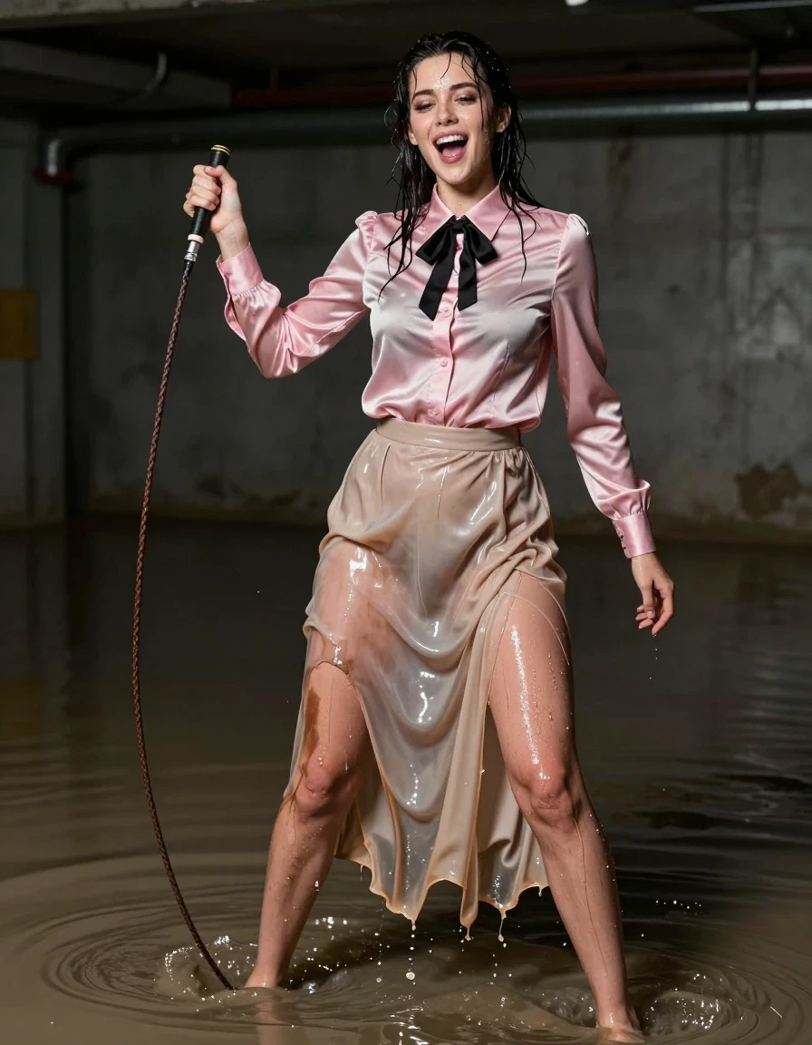 A hyper-realistic cinematic shot of a young adult European woman in a flooded basement, standing barefoot in murky, ankle-deep water. She is wearing a satin pink long-sleeved buttoned-down blouse with a black bowtie, paired with a floor-length beige silk skirt. The silk fabric is heavily soaked, clinging to her legs and hips, translucent and darkened with deep wet patches, showing heavy folds and clinging texture. She has an expression of intense submissive pleasure, caught in the throes of an orgasm. Standing over her is a dominant woman in sharp business casual attire, mid-swing with a leather whip. The scene is captured with realistic wetness: hair matted and damp, skin glistening with water sheen, and clothing saturated and heavy with moisture. High-contrast lighting highlights the textures of the wet silk and the dark, damp environment. 8k resolution, photorealistic, sharp focus, detailed skin pores, cinematic composition, volumetric lighting, high-speed photography.