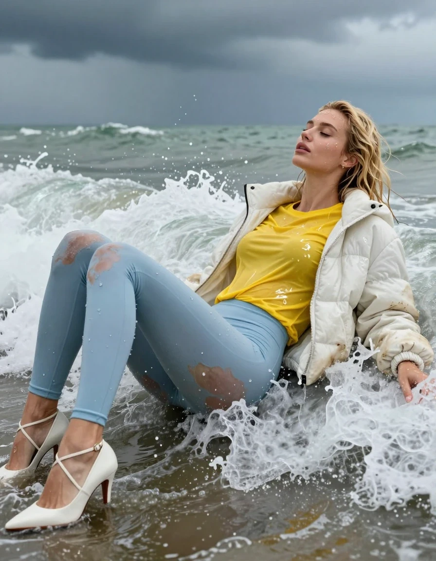 photo of young woman, in soaking wet, drenched clothes,
Strappy white stilettos, Dirty pale blue leggings , Very dirty white puffer jacket , shiny yellow t-shirt , Lying back in surf, 
enjoying, wet clothes stuck to body,
detailed textures of the wet clothes, wet face, wet plastered hair,
wet, drenched, professional, high-quality details, full body view.
sharp focus, ultra-high pixel detail, realistic, high-quality, full colors, incredibly detailed, 4k, 8k, 16k, hyper-realistic, RAW photo, masterpiece, ultra-detailed, professionally color graded, professional photograph, Blonde, in thunder storm, wet skin, wet clothes, damp fabric, wet skin, wet clothes, damp fabric, wet skin, wet clothes, damp fabric