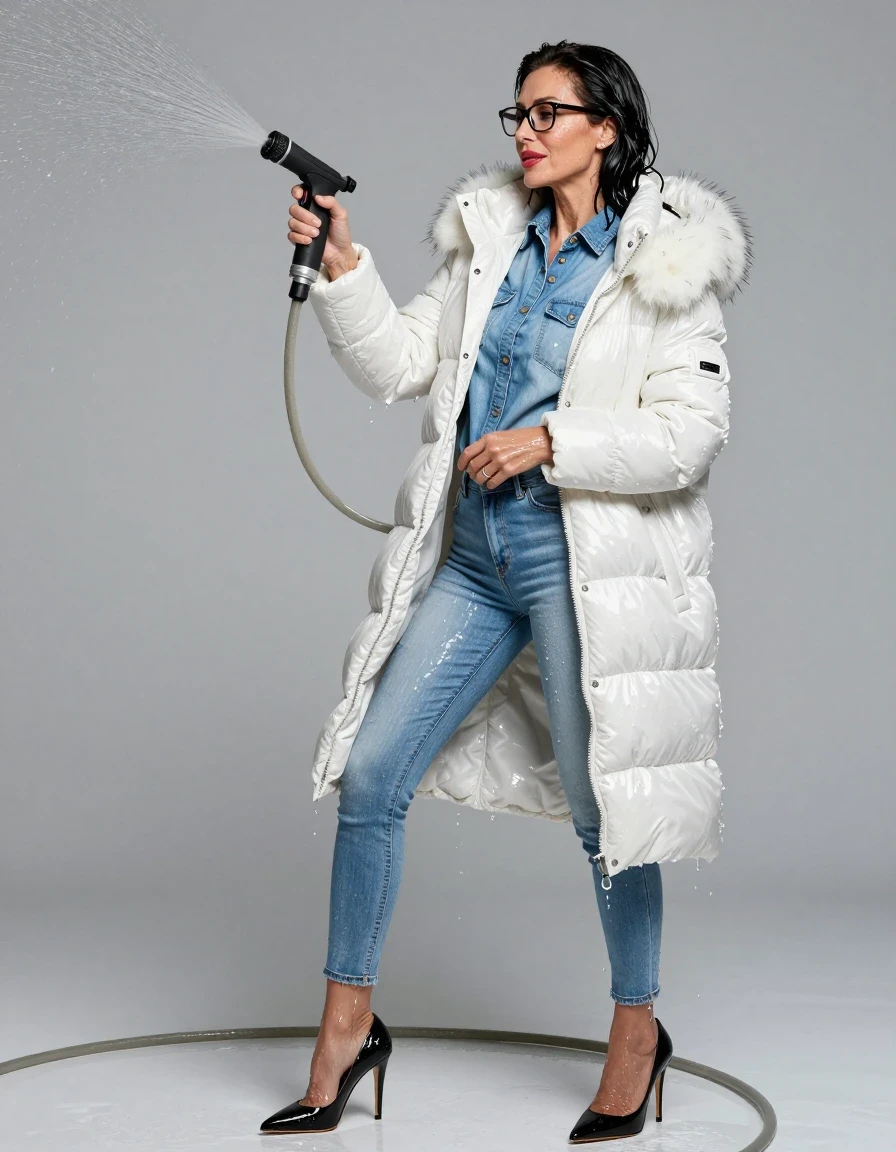 photo of young woman, in soaking wet, drenched clothes,
high heels black butts, long light blue shiny jeans, shiny light blue denim shirt, maxi white shiny down jacket with fur, pouring water with the hose, enjoying wet clothes stuck body, enjoying, wet clothes stuck to body, 
enjoying, wet clothes stuck to body,
detailed textures of the wet clothes, wet face, wet plastered hair,
wet, drenched, professional, high-quality details, full body view.
sharp focus, ultra-high pixel detail, realistic, high-quality, full colors, incredibly detailed, 4k, 8k, 16k, hyper-realistic, RAW photo, masterpiece, ultra-detailed, professionally color graded, professional photograph, europen brunette skinny woman 50 years old, long dark black hair, office glasses, very big and thick lips, complete body, wet skin, wet clothes, damp fabric, wet skin, wet clothes, damp fabric, wet skin, wet clothes, damp fabric, wet skin, wet clothes, damp fabric, wet skin, wet clothes, damp fabric, wet skin, wet clothes, damp fabric, wet skin, wet clothes, damp fabric