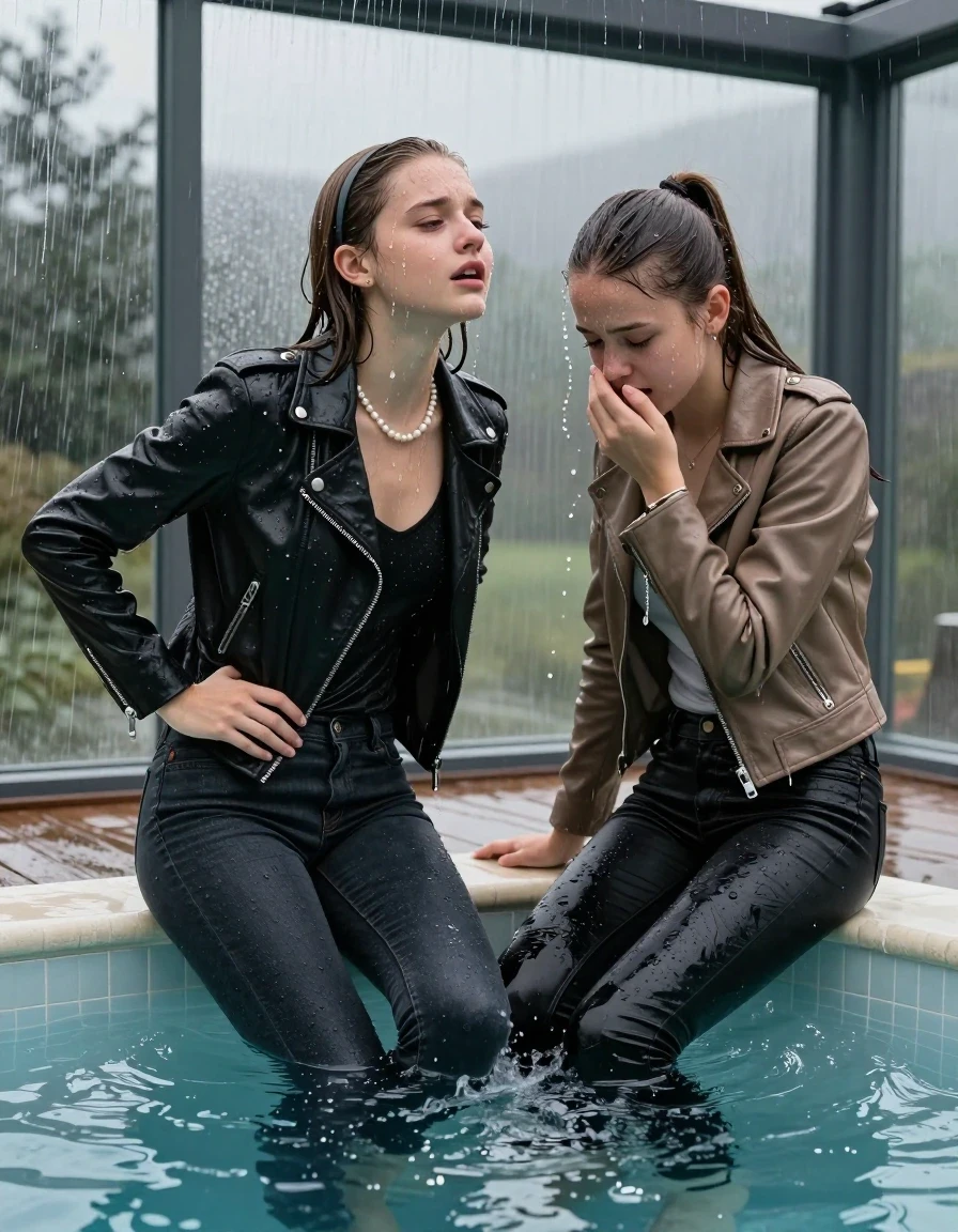photo of young woman, in soaking wet, drenched clothes,
, Dark skinny jeans, Black leatherjacket with fur, Open jacket, tight v-neck sweater, shoulderbag, pearl necklace, bracelet, wristwatch, Steaming indoor jacuzzi , 
enjoying, wet clothes stuck to body,
detailed textures of the wet clothes, wet face, wet plastered hair,
wet, drenched, professional, high-quality details, full body view.
sharp focus, ultra-high pixel detail, realistic, high-quality, full colors, incredibly detailed, 4k, 8k, 16k, hyper-realistic, RAW photo, masterpiece, ultra-detailed, professionally color graded, professional photograph, A realistic vertical fashion photograph of two 15-year-old teenage girls sitting in a glass-walled outdoor swimming pool facing away from the camera to show her back. Looking down. Leaning foreward. One hold her hands on her hips. One hold her Hand on her mouth. She is tilting her head up, letting the water drench her hair so it is glued flat against her head and body. She has Sleek  straight long hair with hairband and one has a sleek ponytail, completely saturated and dripping wet hair, with water cascading down her face and neck, crying and astonished expression. The lighting is bright and cinematic, highlighting the glistening water droplets on her skin and the saturated texture of her  casual clothes.  Open mouth, half closed eyes. One wears a black leatherjacket and dark levis skinny jeans. One wears a light brown leatherjacket and black skinny jeans.
The clothing of both girls are soaking wet and clinging tightly to her skin, showing heavy wet folds, darkened fabric texture, and deep water-saturated Patches, her clothes are heavy from the water, water runs from her body and her clothes in streams. A lot of water also runs out of her clothes. Her clothes are darkened by the water. 

Outside the large glass wall of the pool building, heavy rain is visible falling against the window. Soft, moody indoor lighting with reflections on the water. High-quality fashion photography style.
hyper-realistic wetness, high-contrast water sheen, sharp focus, 16k resolution, professional photography, realistic water physics., wet skin, wet clothes, damp fabric, wet skin, wet clothes, damp fabric, wet skin, wet clothes, damp fabric, wet skin, wet clothes, damp fabric, wet skin, wet clothes, damp fabric, wet skin, wet clothes, damp fabric, wet skin, wet clothes, damp fabric, wet skin, wet clothes, damp fabric, wet skin, wet clothes, damp fabric, wet skin, wet clothes, damp fabric, wet skin, wet clothes, damp fabric, wet skin, wet clothes, damp fabric, wet skin, wet clothes, damp fabric, wet skin, wet clothes, damp fabric, wet skin, wet clothes, damp fabric, wet skin, wet clothes, damp fabric, wet skin, wet clothes, damp fabric, wet skin, wet clothes, damp fabric