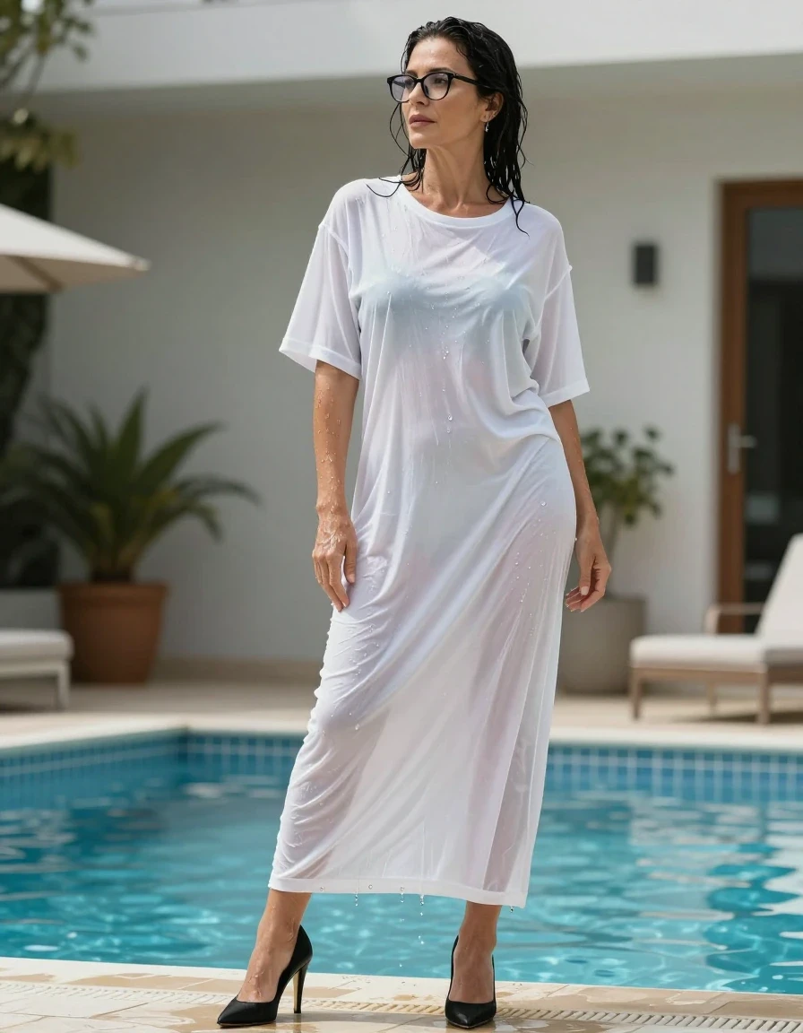 photo of young woman, in soaking wet, drenched clothes,
high heels black shoes, maxi white t-shirt dress, maxi white t-shirt dress, after bath in swiming pool, enjoying wet clothes stuck body, enjoying, wet clothes stuck to body, 
enjoying, wet clothes stuck to body,
detailed textures of the wet clothes, wet face, wet plastered hair,
wet, drenched, professional, high-quality details, full body view.
sharp focus, ultra-high pixel detail, realistic, high-quality, full colors, incredibly detailed, 4k, 8k, 16k, hyper-realistic, RAW photo, masterpiece, ultra-detailed, professionally color graded, professional photograph, europen brunette skinny woman 50 years old, long dark black hair, office glasses, very big and thick lips, complete body, wet skin, wet clothes, damp fabric, wet skin, wet clothes, damp fabric, wet skin, wet clothes, damp fabric, wet skin, wet clothes, damp fabric, wet skin, wet clothes, damp fabric, wet skin, wet clothes, damp fabric, wet skin, wet clothes, damp fabric
