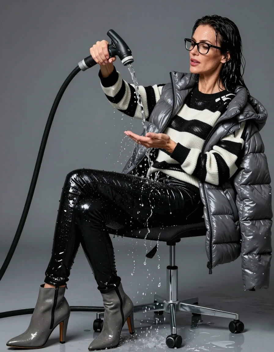 photo of young woman, in soaking wet, drenched clothes,
high heels gray boots, long black shiny tight jeans, maxi shiny black & white striped sweater, maxi gray shiny down jacket , on the chair, pouring water with the hose, enjoying wet clothes stuck body, enjoying, wet clothes stuck to body, 
enjoying, wet clothes stuck to body,
detailed textures of the wet clothes, wet face, wet plastered hair,
wet, drenched, professional, high-quality details, full body view.
sharp focus, ultra-high pixel detail, realistic, high-quality, full colors, incredibly detailed, 4k, 8k, 16k, hyper-realistic, RAW photo, masterpiece, ultra-detailed, professionally color graded, professional photograph, europen brunette skinny woman 50 years old, long dark black hair, office glasses, very big and thick lips, complete body, wet skin, wet clothes, damp fabric, wet skin, wet clothes, damp fabric, wet skin, wet clothes, damp fabric, wet skin, wet clothes, damp fabric, wet skin, wet clothes, damp fabric, wet skin, wet clothes, damp fabric, wet skin, wet clothes, damp fabric
