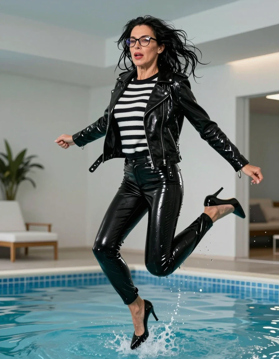 photo of young woman, in soaking wet, drenched clothes,
high heels black shoes, long black shiny latex trousers, maxi shiny black & white striped sweater, black latex biker jacket, jumping in indoor pool, enjoying wet clothes stuck body, enjoying, wet clothes stuck to body, 
enjoying, wet clothes stuck to body,
detailed textures of the wet clothes, wet face, wet plastered hair,
wet, drenched, professional, high-quality details, full body view.
sharp focus, ultra-high pixel detail, realistic, high-quality, full colors, incredibly detailed, 4k, 8k, 16k, hyper-realistic, RAW photo, masterpiece, ultra-detailed, professionally color graded, professional photograph, europen brunette skinny woman 50 years old, long dark black hair, office glasses, very big and thick lips, complete body, wet skin, wet clothes, damp fabric, wet skin, wet clothes, damp fabric, wet skin, wet clothes, damp fabric, wet skin, wet clothes, damp fabric, wet skin, wet clothes, damp fabric, wet skin, wet clothes, damp fabric, wet skin, wet clothes, damp fabric