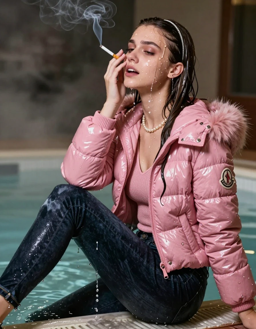 photo of young woman, in soaking wet, drenched clothes,
, Dark skinny jeans, Pink Moncler shiny puffer down jacket with fur, Open jacket, tight v-neck sweater, shoulderbag, pearl necklace, bracelet, wristwatch, Steaming indoor jacuzzi , 
enjoying, wet clothes stuck to body,
detailed textures of the wet clothes, wet face, wet plastered hair,
wet, drenched, professional, high-quality details, full body view.
sharp focus, ultra-high pixel detail, realistic, high-quality, full colors, incredibly detailed, 4k, 8k, 16k, hyper-realistic, RAW photo, masterpiece, ultra-detailed, professionally color graded, professional photograph, A realistic vertical fashion photograph taken from a backward, behind-the-back angle of a 15-year-old teenage girl sitting in a steaming indoor jacuzzi, facing away from the camera to show her back. She hold her hand on her face. She is tilting her head at camera, letting the water drench her hair so it is glued flat against her head and body. She has Sleek  straight long hair with hairband, completely saturated and dripping wet hair, with water cascading down her face and neck, crying and astonished expression. She smoke a cigarette. The lighting is bright and cinematic, highlighting the glistening water droplets on her skin and the saturated texture of her  casual clothes.  Open mouth, half closed eyes. 
her clothing is soaking wet and clinging tightly to her skin, showing heavy wet folds, darkened fabric texture, and deep water-saturated Patches, her clothes are heavy from the water, water runs from her body and her clothes in streams. A lot of water also runs out of her clothes. Her clothes are darkened by the water. 
hyper-realistic wetness, high-contrast water sheen, sharp focus, 16k resolution, professional photography, realistic water physics., wet skin, wet clothes, damp fabric, wet skin, wet clothes, damp fabric, wet skin, wet clothes, damp fabric, wet skin, wet clothes, damp fabric, wet skin, wet clothes, damp fabric, wet skin, wet clothes, damp fabric, wet skin, wet clothes, damp fabric, wet skin, wet clothes, damp fabric, wet skin, wet clothes, damp fabric, wet skin, wet clothes, damp fabric