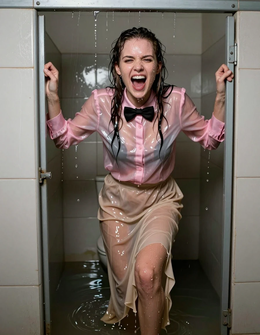 A photorealistic medium shot of a young adult European woman with wet, matted hair and skin glistening with water droplets, experiencing an intense expression of ecstasy while climbing through a small, grime-streaked window of a flooded, dilapidated public restroom. She is wearing a soaking-wet, translucent, long-sleeved satin pink button-down blouse and a crisp black bowtie, the fabric clinging heavily to her skin, darkened by saturation, with deep folds and glossy specular highlights. Below, a floor-length beige silk skirt is drenched, clinging to her legs and bare feet, heavy with absorbed water, showing deep, wet folds and a translucent, clinging texture against her skin. The environment is a flooded toilet with murky water reflecting the dim, flickering light, water dripping from the window frame, and grime-stained tiles. High-contrast cinematic lighting, sharp focus on the subject's face and wet clothing, 8k resolution, hyper-detailed textures, realistic water physics, wet skin sheen, damp atmosphere.