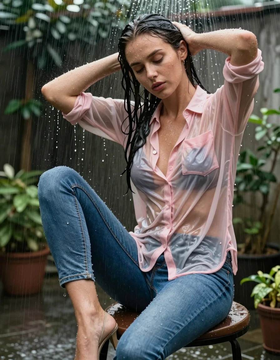 photo of young woman, in soaking wet, drenched clothes,
pumps, blue jeans, shiny, light pink jeans blouse, outdoor shower, shower, rain, 
enjoying, wet clothes stuck to body,
detailed textures of the wet clothes, wet face, wet plastered hair,
wet, drenched, professional, high-quality details, full body view.
sharp focus, ultra-high pixel detail, realistic, high-quality, full colors, incredibly detailed, 4k, 8k, 16k, hyper-realistic, RAW photo, masterpiece, ultra-detailed, professionally color graded, professional photograph, collar, long sleeves, buttoned, wet hair, long hair, drenched, dripping wet, submerged, full body, see-through, sitting on a bar stool, side view, hands over head, wet skin, wet clothes, damp fabric