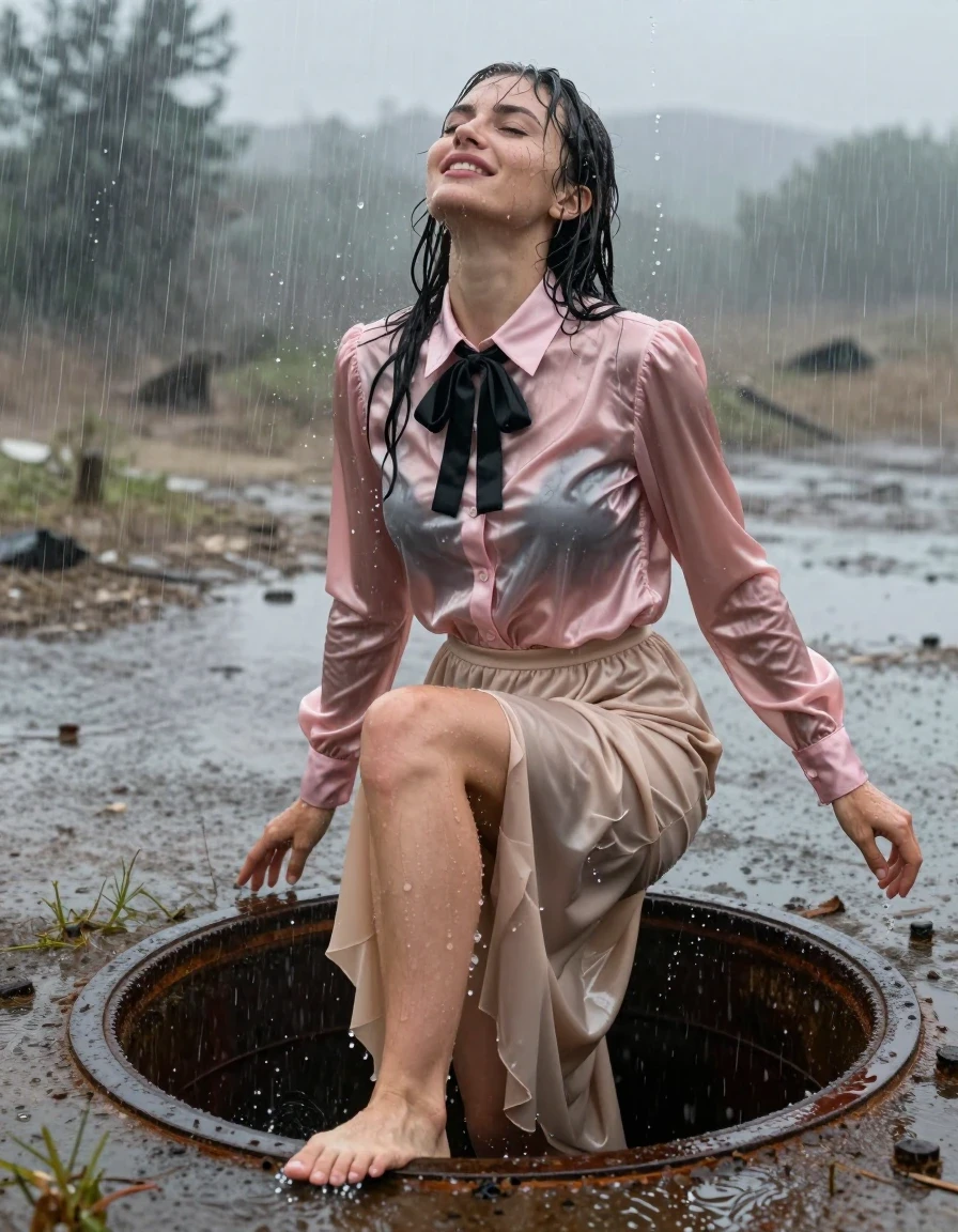 A photorealistic medium shot of a young adult European woman climbing out of a rusty metal manhole in the middle of a desolate, rain-swept landscape. She is wearing a satin pink long-sleeved buttoned-down blouse with a black bowtie and a floor-length beige silk skirt. The fabric of the blouse and skirt is completely soaked, clinging to her body, with the silk appearing translucent and dark, heavy with water, showing deep folds, saturated color shifts, and intense glossy specular highlights from the rain. She is barefoot, her skin slick with rainwater, and her hair is wet and plastered to her face. Her expression is one of intense pleasure, eyes half-closed and head tilted back, caught in the middle of an orgasm as she maneuvers out of the manhole. A massive, heavy downpour creates a misty atmosphere with visible raindrops, water sheeting off her clothes and skin, puddles splashing around the opening. Cinematic lighting, sharp focus on the subject, 8k resolution, highly detailed skin texture, hyper-realistic wetness, dramatic environment.